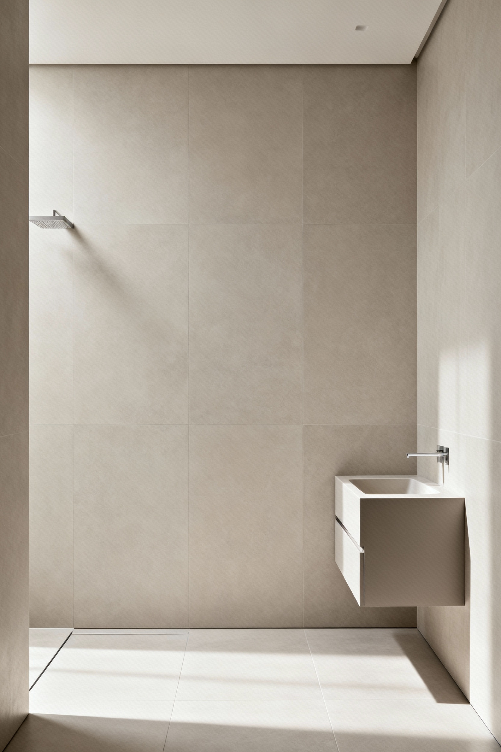 Modern bathroom with light greige large-format porcelain slabs on walls and floor, creating a seamless and minimalist look around a floating vanity and shower area.