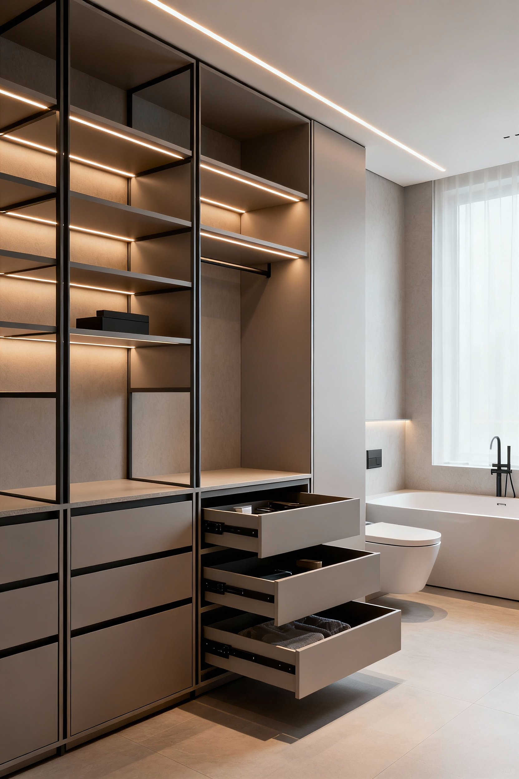 Modern bathroom with elegant modular storage units featuring adjustable shelves and pull-out drawers, showcasing adaptable and flexible design for evolving needs.