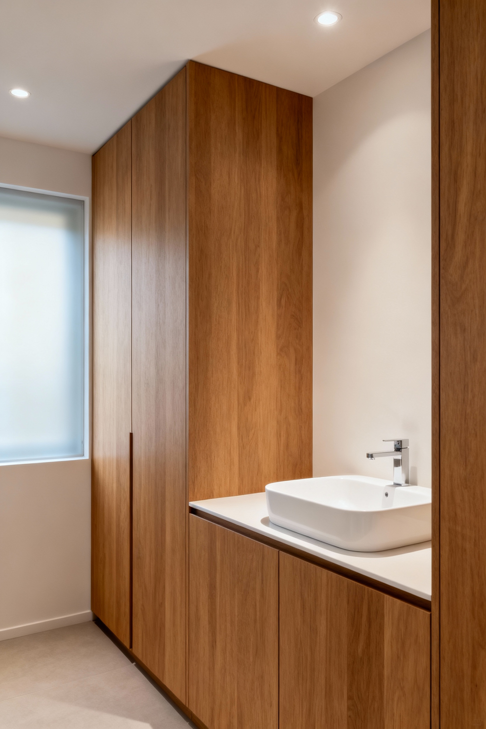 Modern bathroom with integrated cabinetry, seamless design, concealed utilities, minimalist aesthetic, visual cohesion, sophisticated bathroom storage, hidden elements, serene bathroom