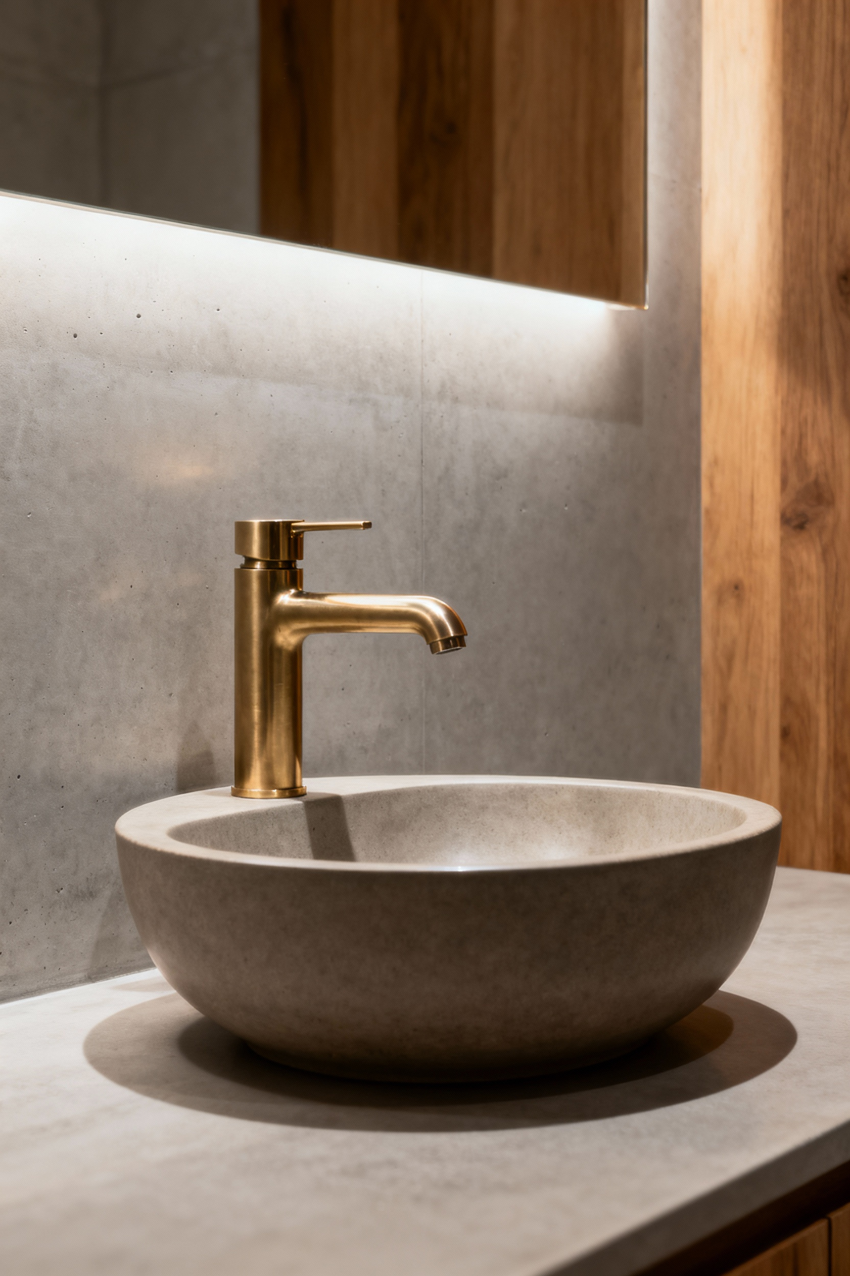 Modern bathroom interior featuring a close-up of a sleek, solid brass faucet and integrated ceramic-composite sink, highlighting durable engineering and high-quality materials. Natural light emphasizes the craftsmanship and polished finishes against concrete walls, conveying longevity.