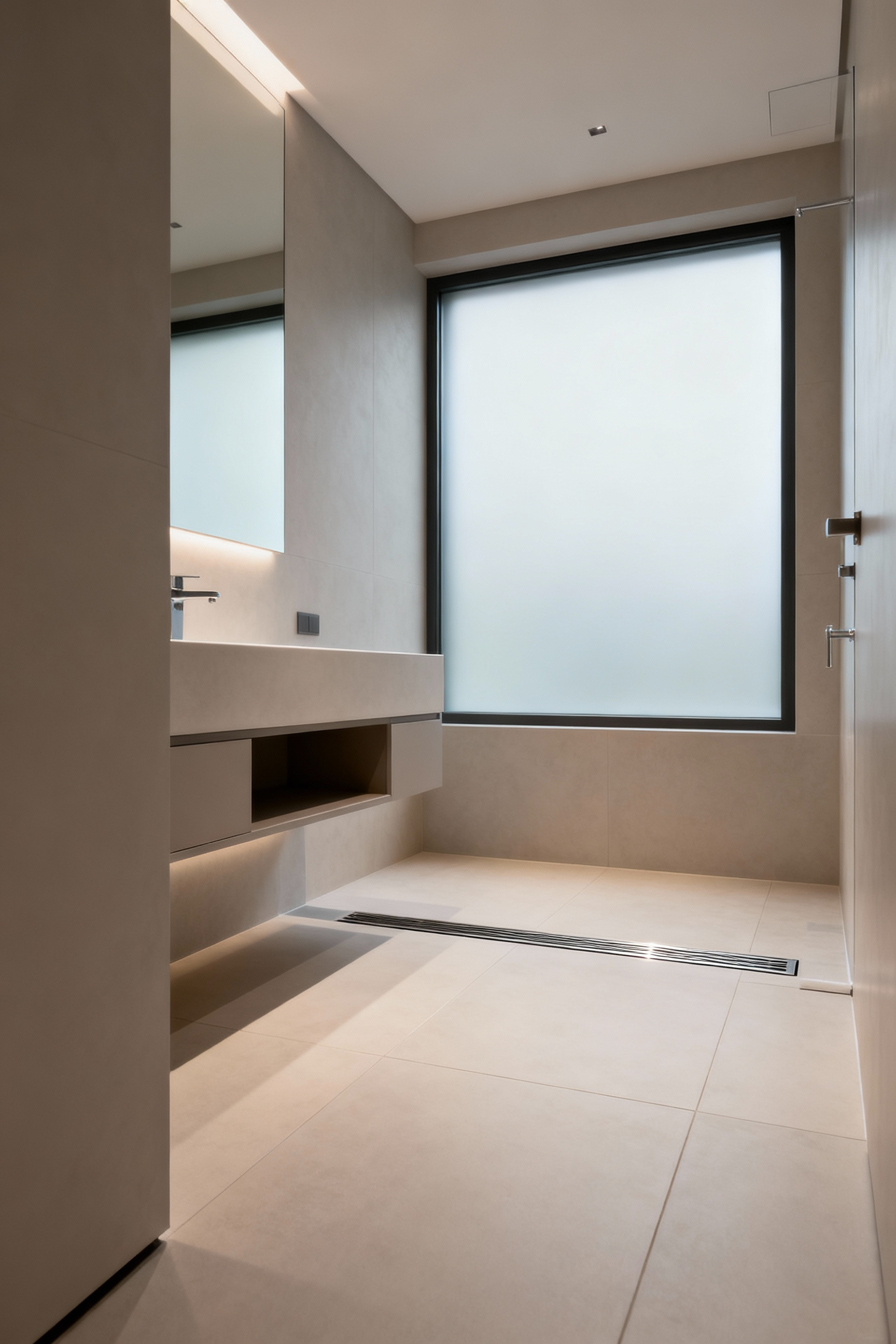 A modern, minimalist bathroom interior with a zero-threshold shower, wide clear pathways, and a wall-mounted vanity, designed for universal accessibility.
