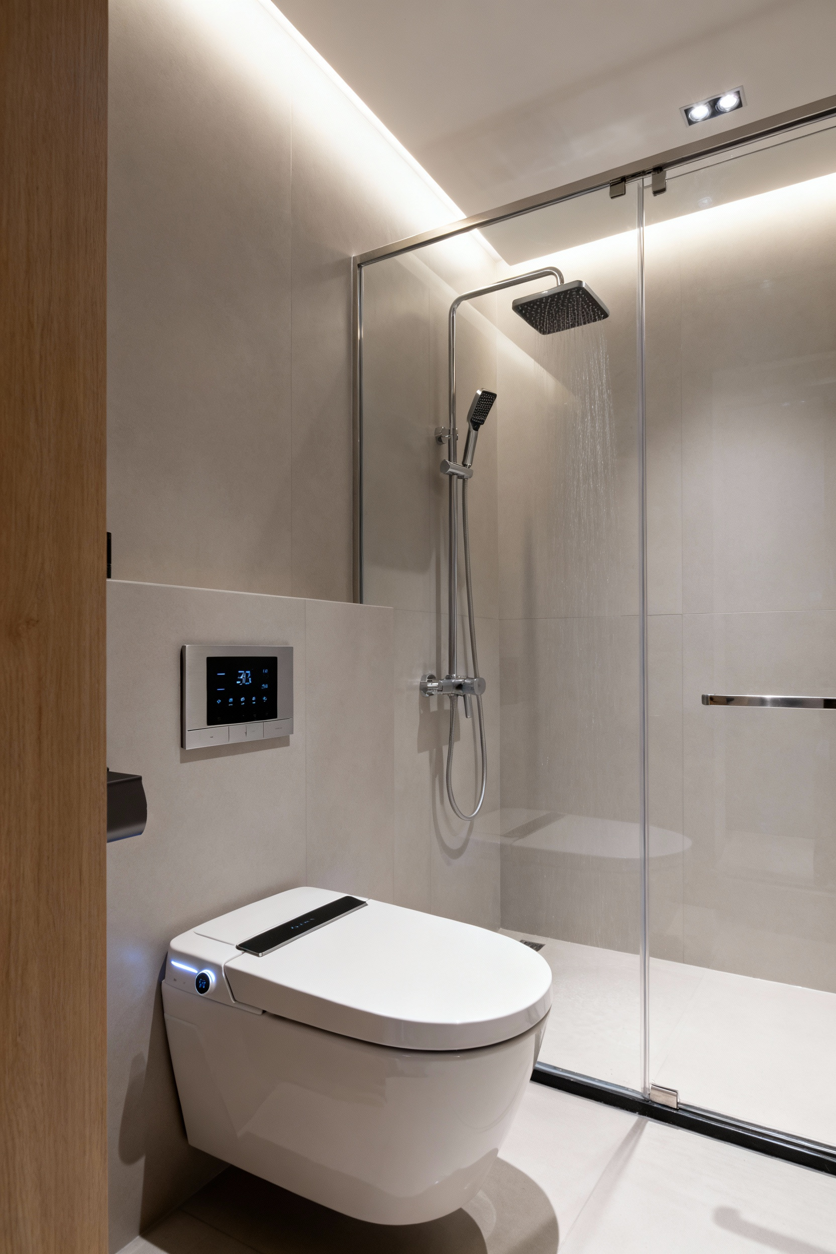 Modern bathroom with integrated smart water systems, showcasing a digital thermostatic shower, rainfall showerhead, and low-flow smart toilet for enhanced conservation and performance.