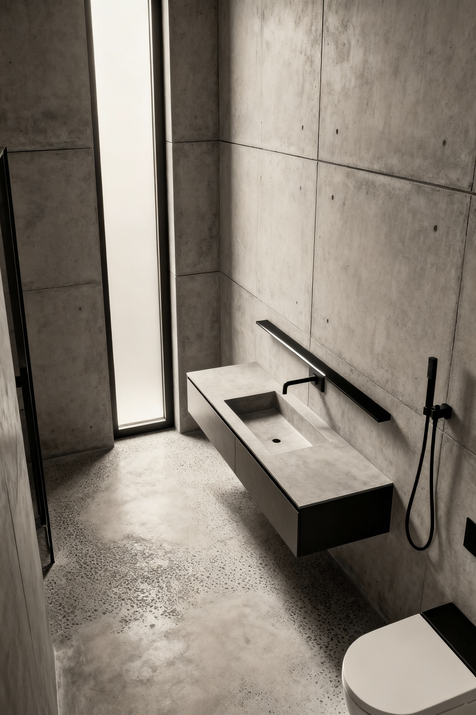 Modern monochromatic warm grey bathroom with large concrete wall panels, microcement floor, a sleek floating vanity, and matte black fixtures, promoting visual tranquility.
