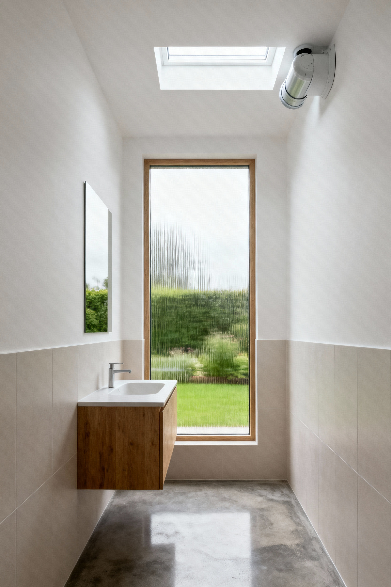 Modern bathroom with large privacy window and ceiling Solatube, showcasing optimal natural light and contemporary design.