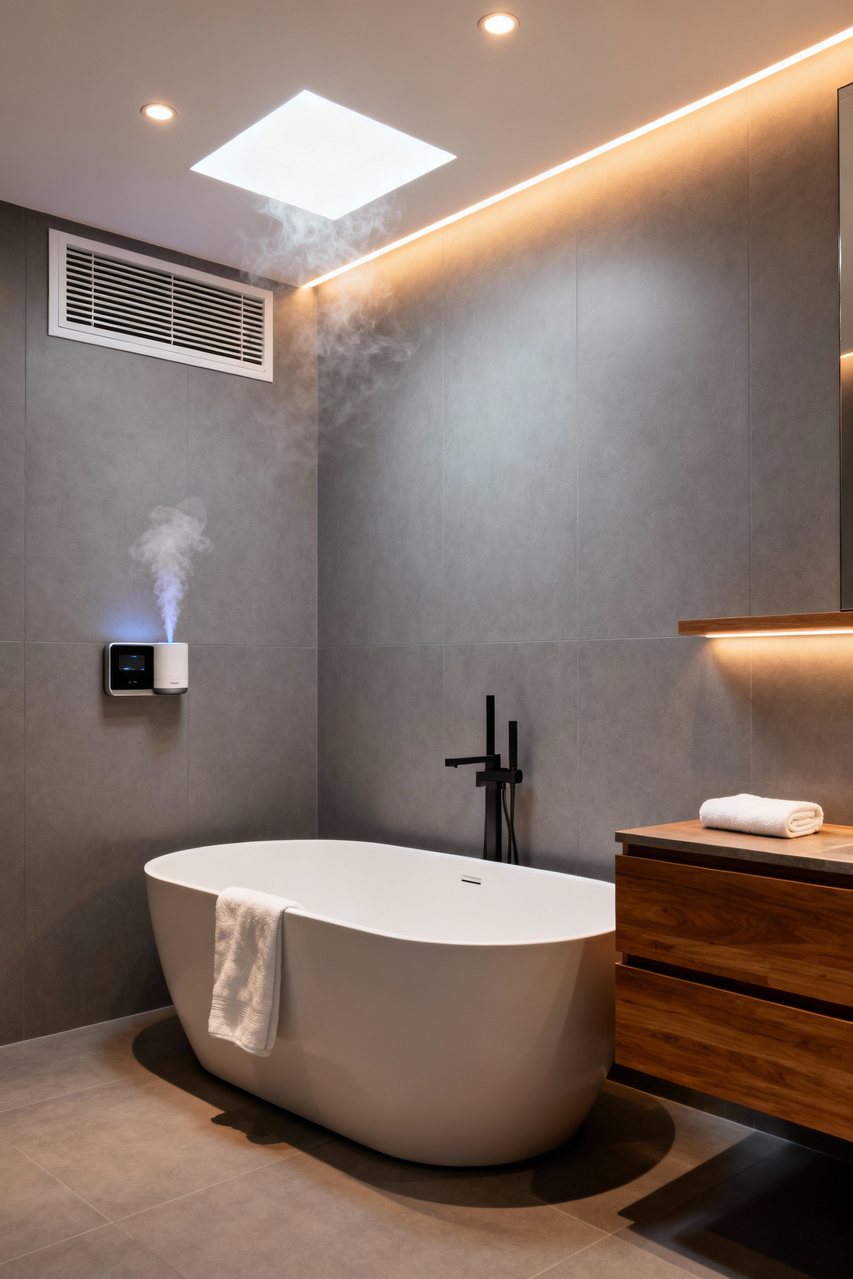 Modern bathroom with freestanding tub, soft LED lighting, integrated aromatherapy diffuser, creating a tranquil mindfulness zone. Spa-like sanctuary for relaxation.