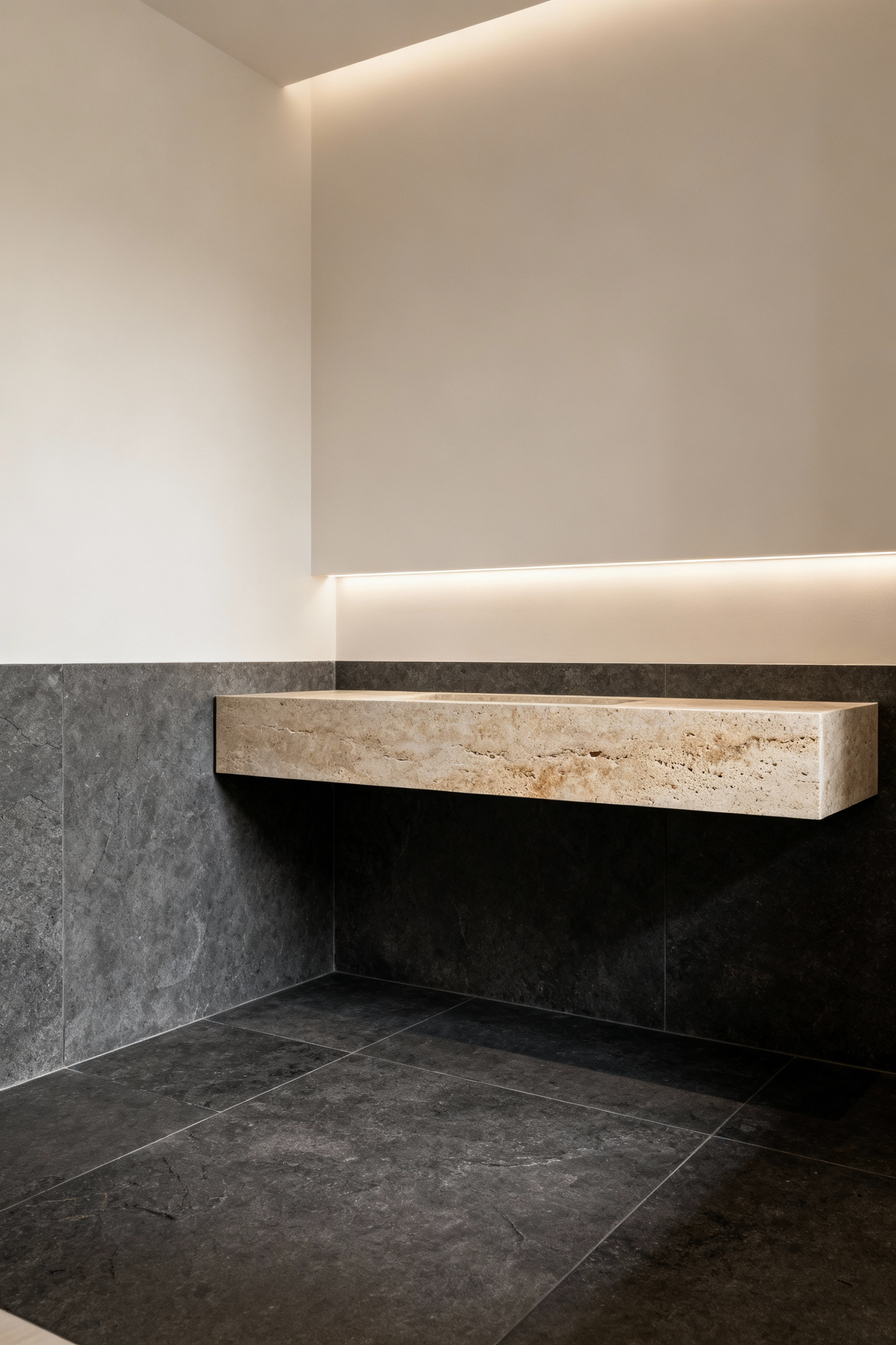 Modern bathroom with a textured natural stone feature wall and zero-threshold shower floor, highlighting organic sophistication and tactile depth.