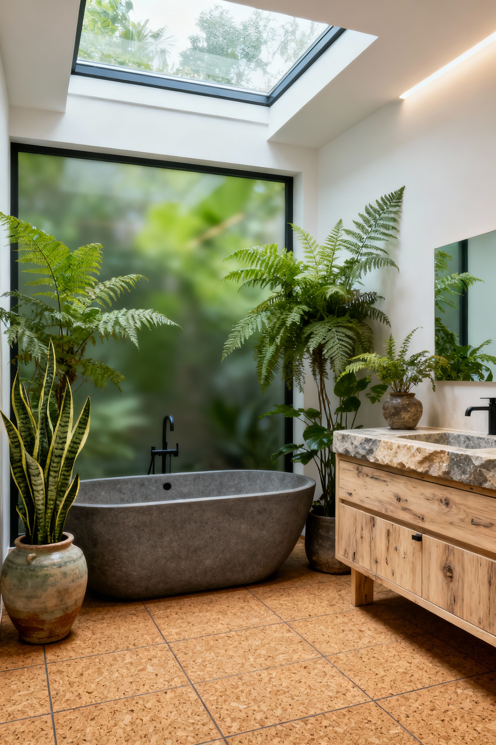 Modern bathroom with biophilic design elements including a natural stone tub, reclaimed oak vanity, cork floor, living plants, and natural light from a skylight and window.