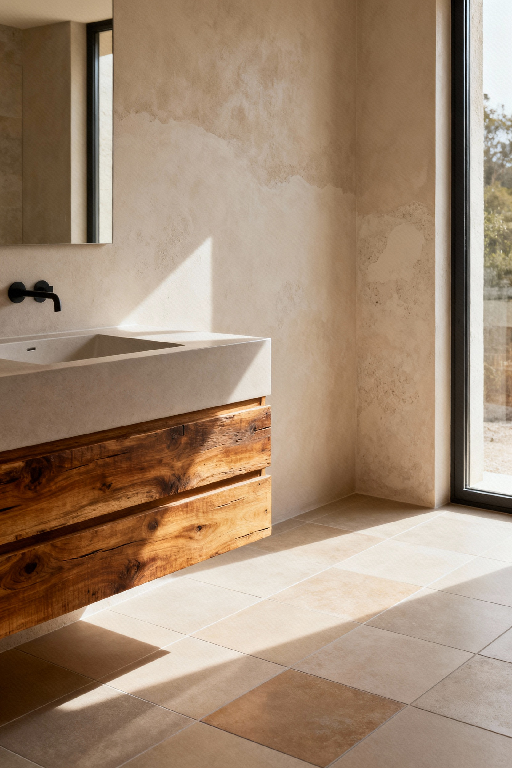 Modern bathroom with reclaimed wood vanity, recycled content porcelain tiles, and mineral plaster walls, showcasing low-VOC and sustainably sourced finishes under soft natural light.