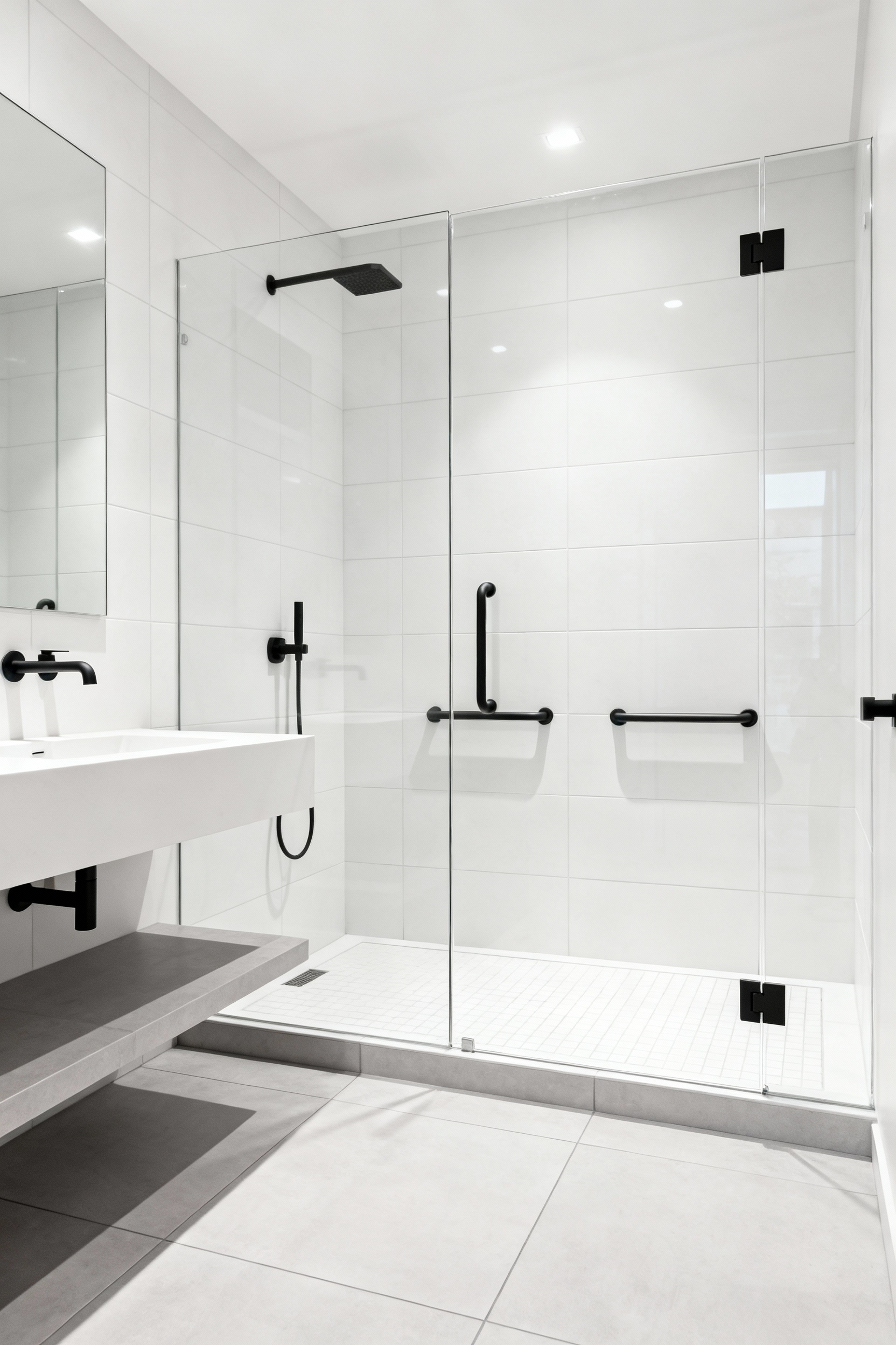 A modern aging-in-place bathroom with a zero-entry shower, wall-mounted vanity, and integrated accessibility features in a luxurious, elegant setting.