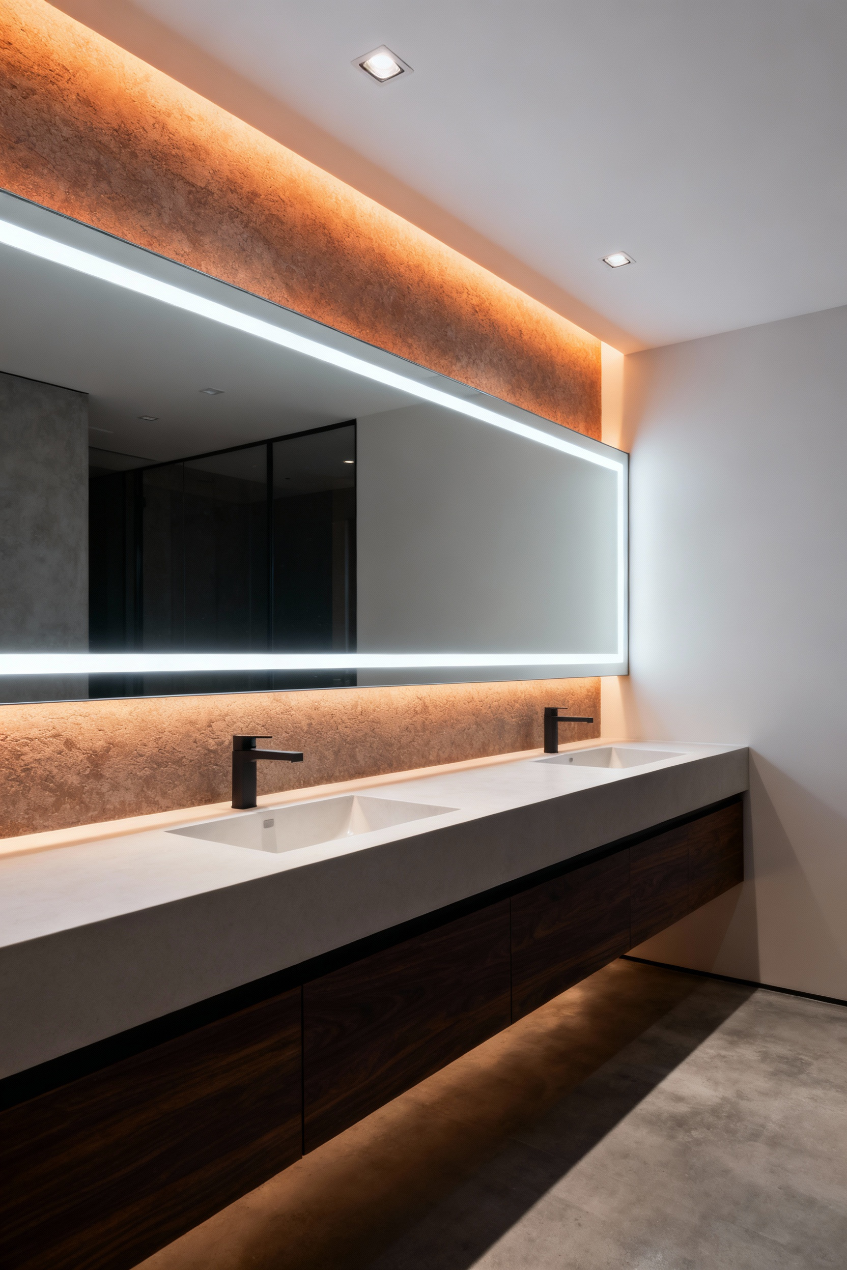 Modern bathroom with adaptive dynamic LED illumination, showcasing tunable white strip lights under a floating vanity and RGBW cove lighting. Sleek design, layered lighting for ambiance control, no people.