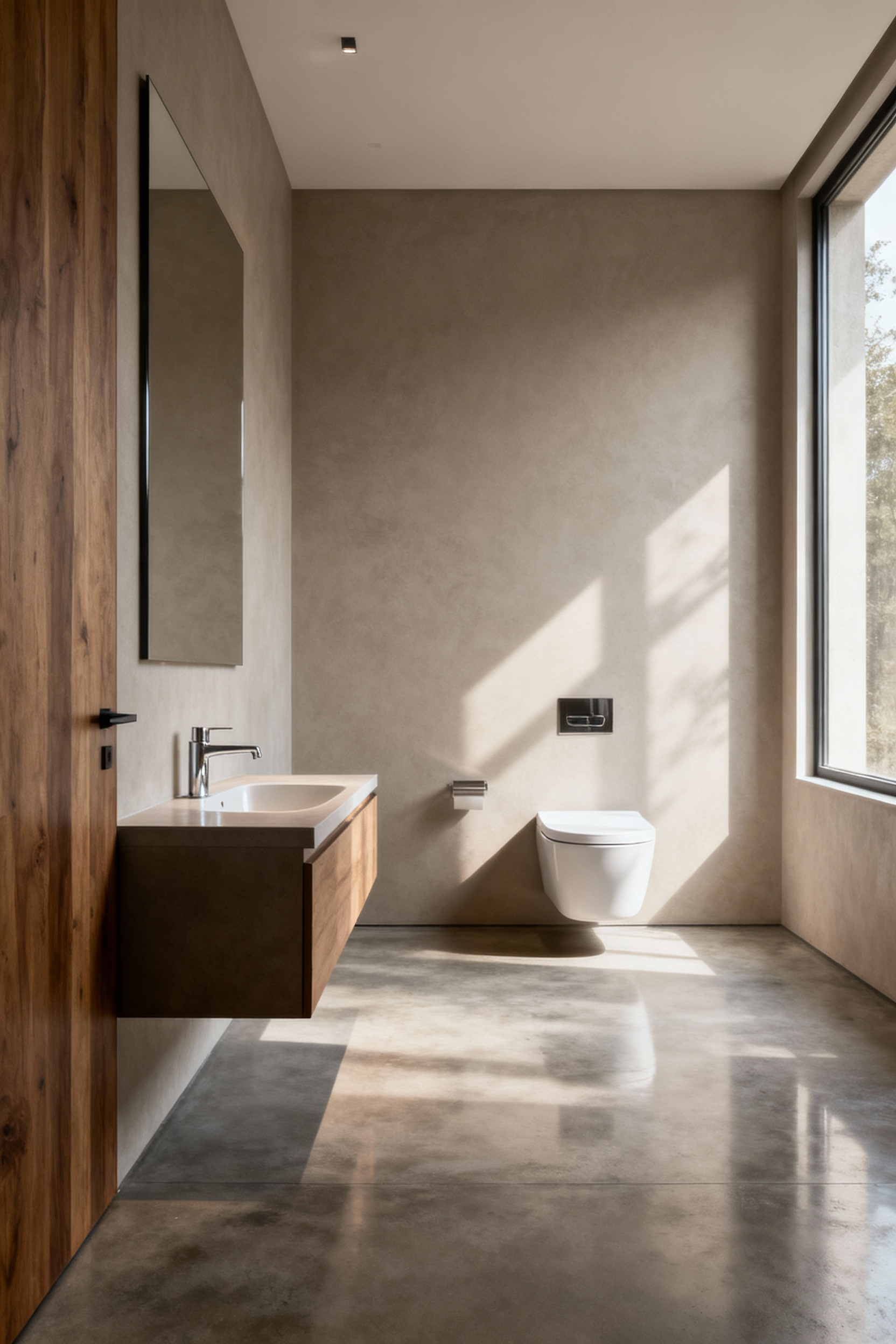 Modern bathroom with wall-mounted vanity and toilet, featuring a clean, unobstructed floor space for easy maintenance and universal design accessibility.