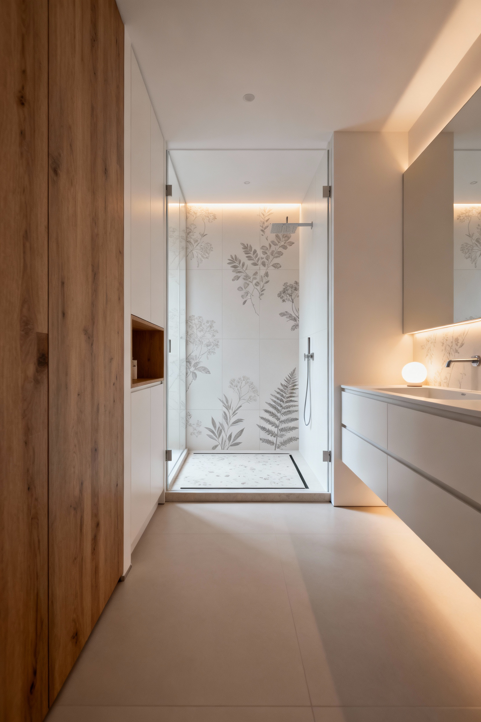 Modern bathroom with neuro-aesthetic design featuring natural textures, warm lighting, and minimalist layout for enhanced cognitive comfort and relaxation.