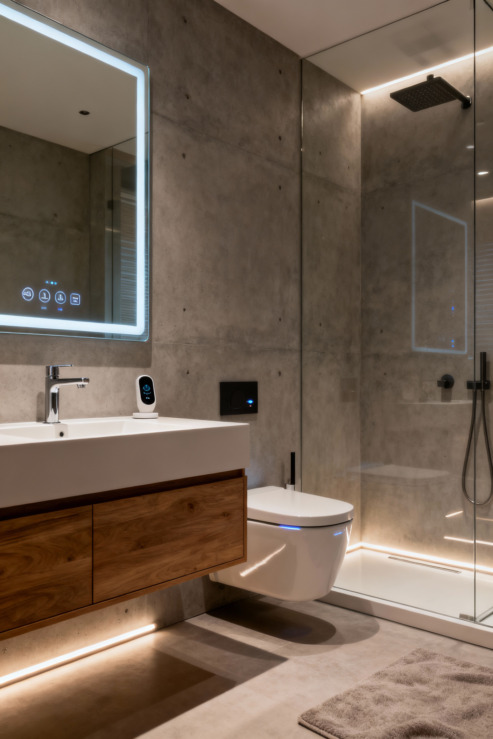 Modern bathroom with smart technology, featuring touchless fixtures, integrated smart mirror, and LED lighting for hands-free operation and personalized comfort.