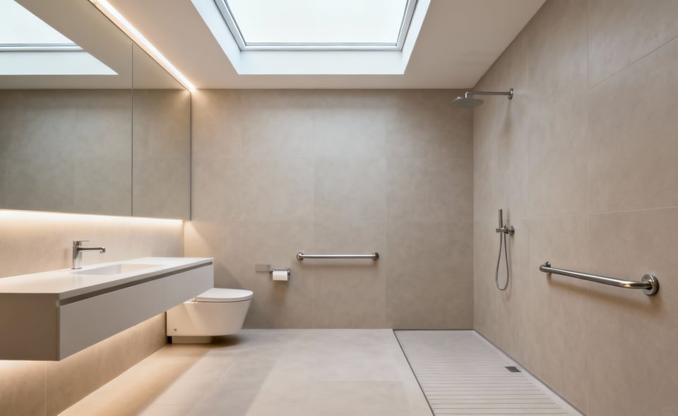 A modern, universally designed bathroom interior with a curbless shower, subtly integrated grab bars, and bright, glare-free lighting, illustrating an accessibility audit in progress.