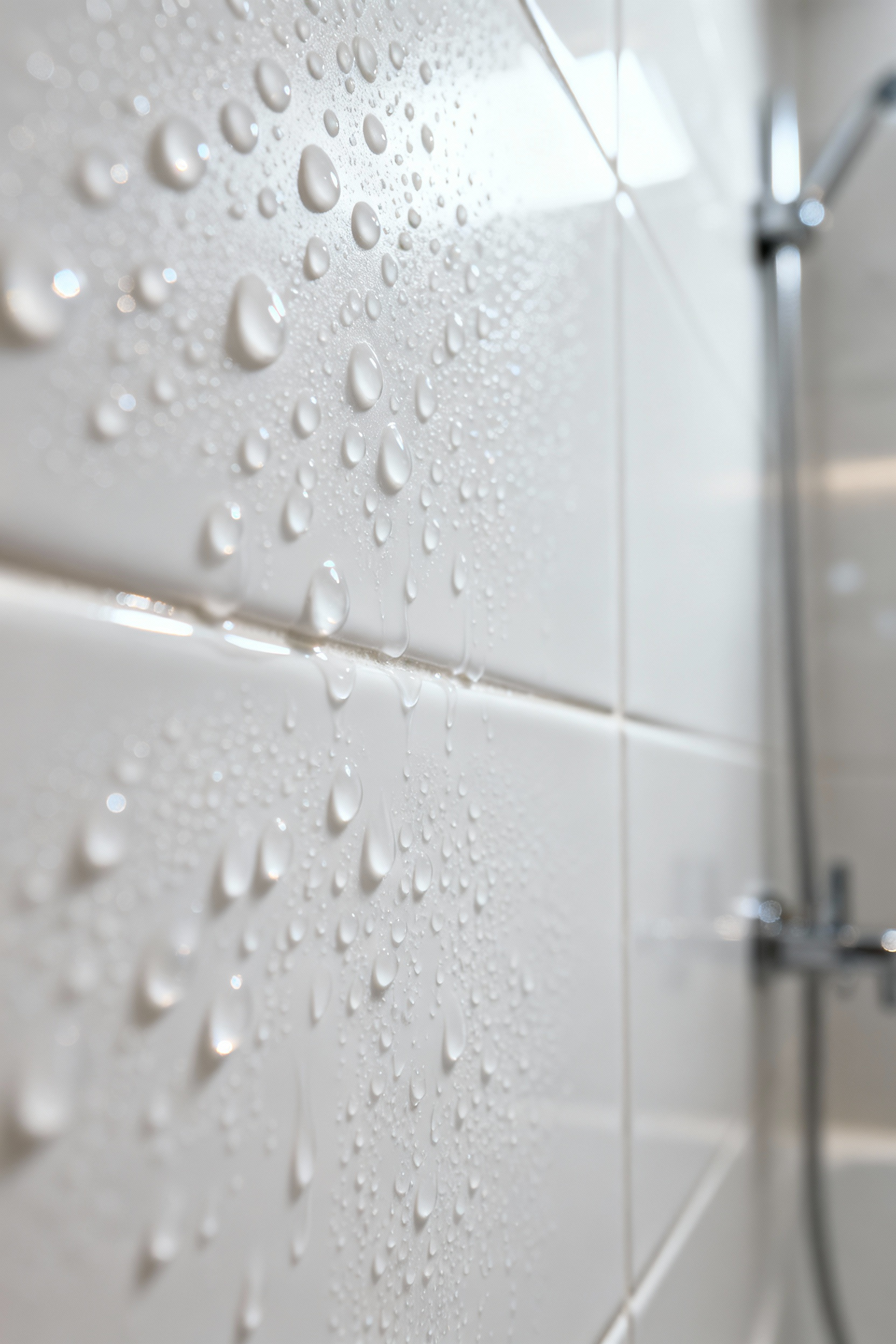 Close-up of water beading on a pristine hydrophobic shower tile, showing its water-repellent properties for easy cleaning and biofilm reduction in a modern bathroom.