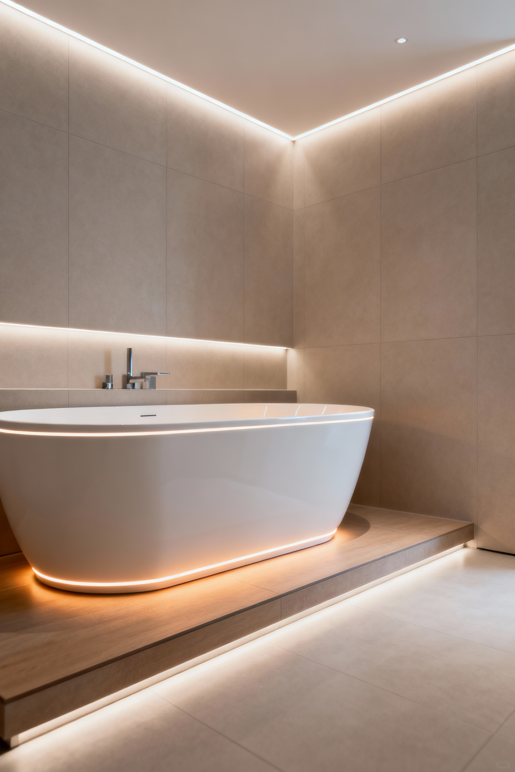 Modern bathtub with integrated heating elements providing sustained therapeutic warmth and rapid drying, showing a clean, sleek design with illuminated details.