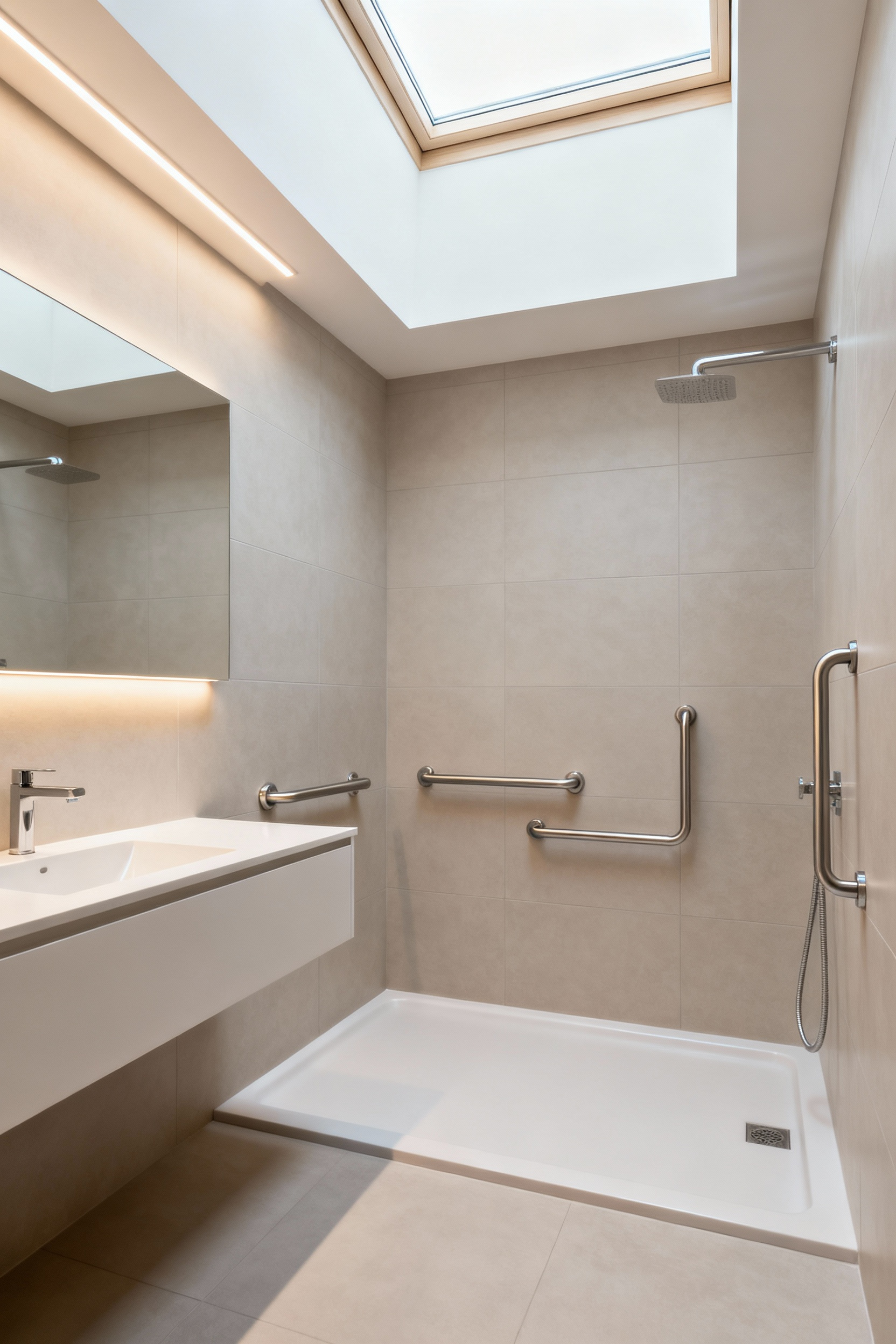 A modern, universally designed bathroom interior with a curbless shower, subtly integrated grab bars, and bright, glare-free lighting, illustrating an accessibility audit in progress.