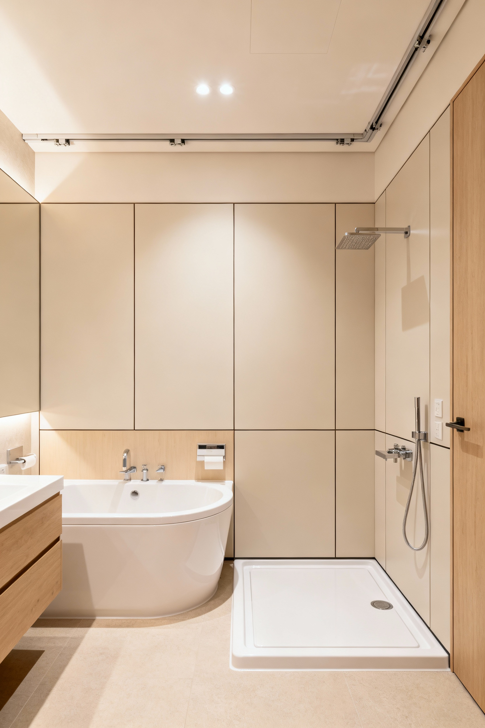 Modern bathroom featuring a modular bathtub and shower area with adaptable components for universal design and future functionality. Seamless wall panels and integrated track systems are visible.