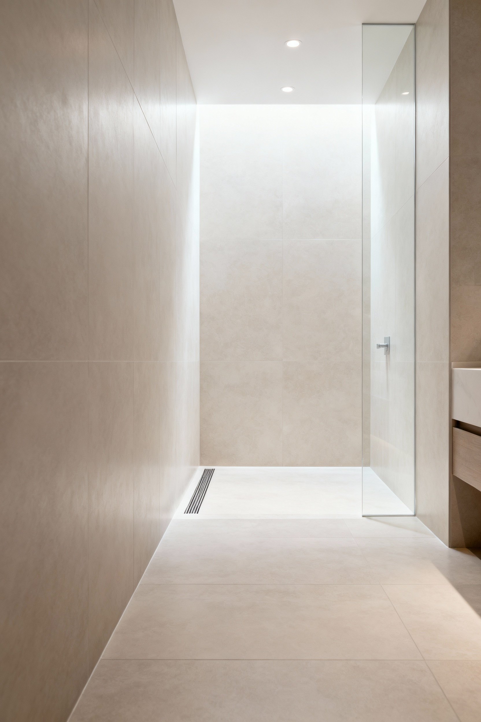 A luxurious curbless shower with continuous flooring and a subtle linear drain, emphasizing universal access and spacious design in a modern bathroom.