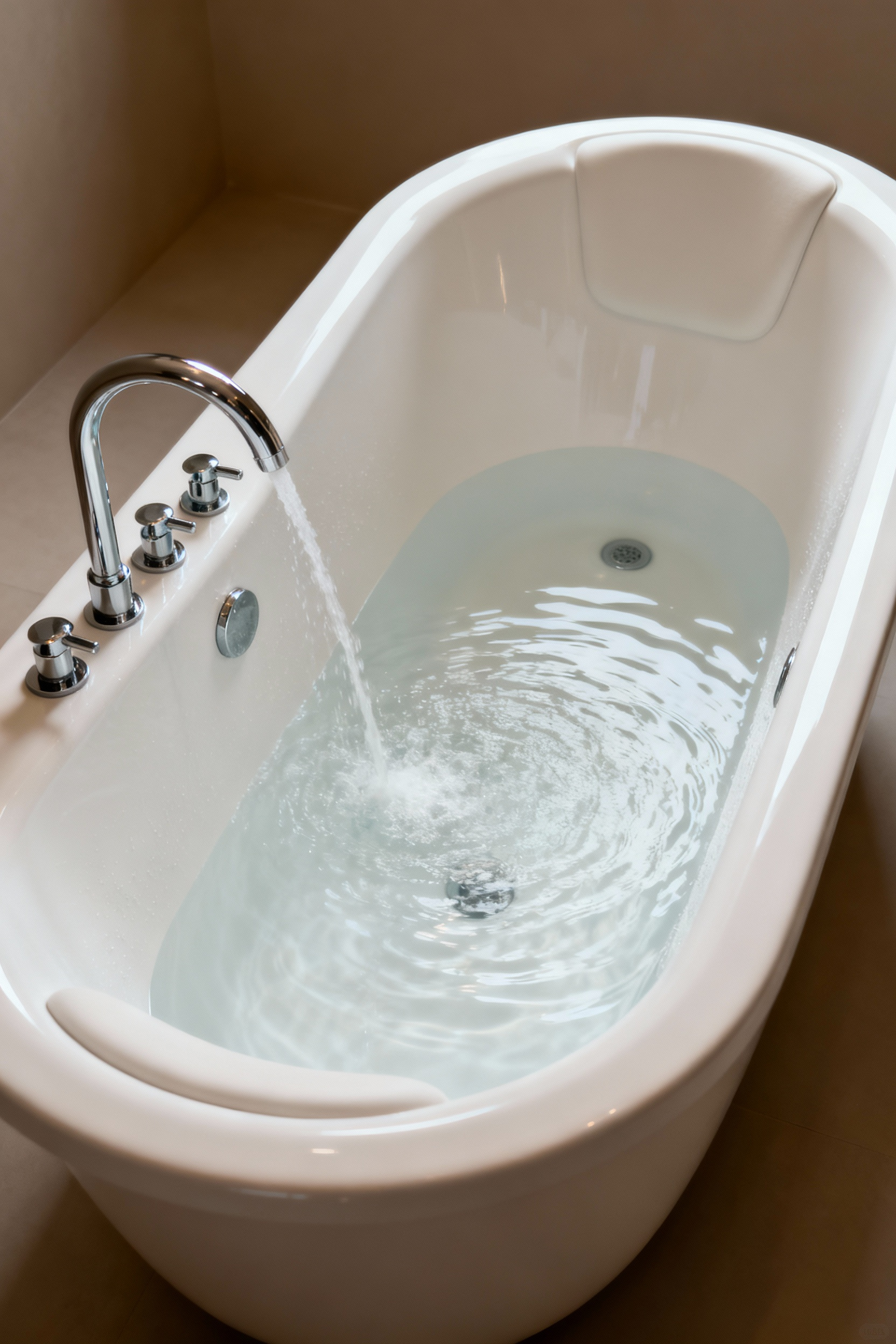 Elegant freestanding bathtub with personalized hydrotherapy jets and subtle air bath system, featuring clear water and gentle light for a bespoke wellness experience.