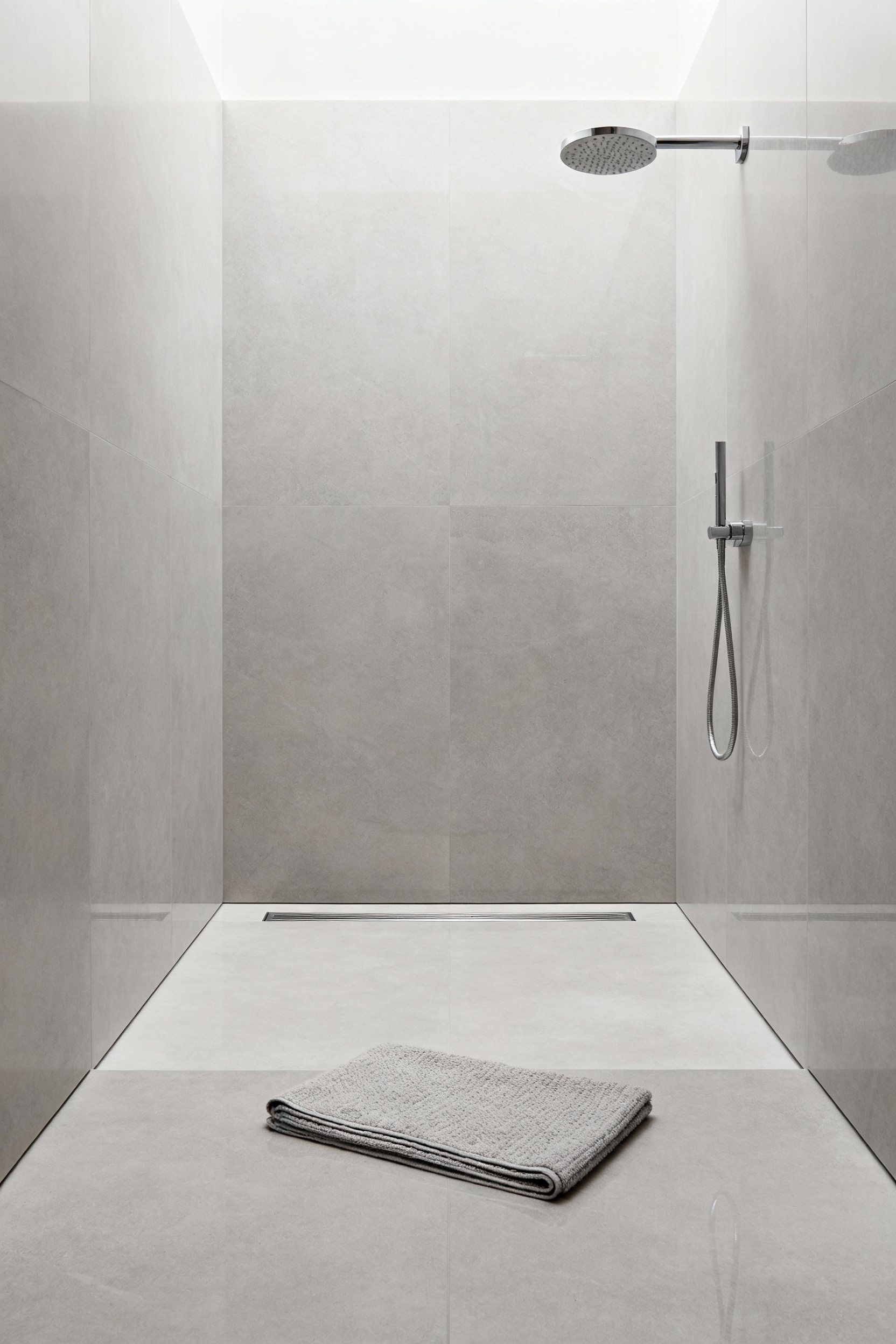 Modern bathroom with a curbless shower enclosure featuring light grey zero-porous porcelain slabs on walls and floor, creating a seamless and hygienic surface for universal design.