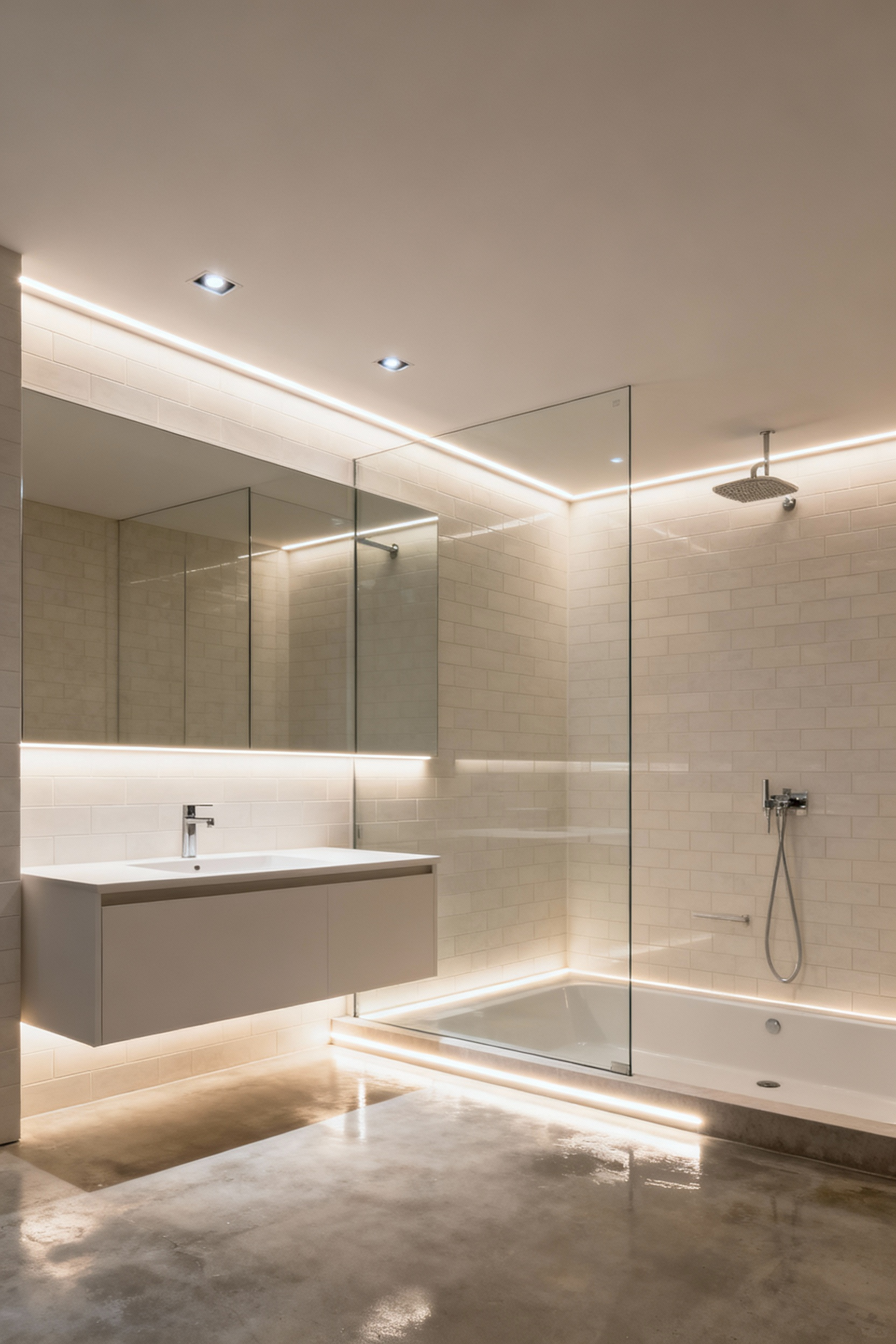 Luxurious bathroom wet-area with integrated, glare-free LED lighting showcasing optimal wet-area illumination and task visibility.