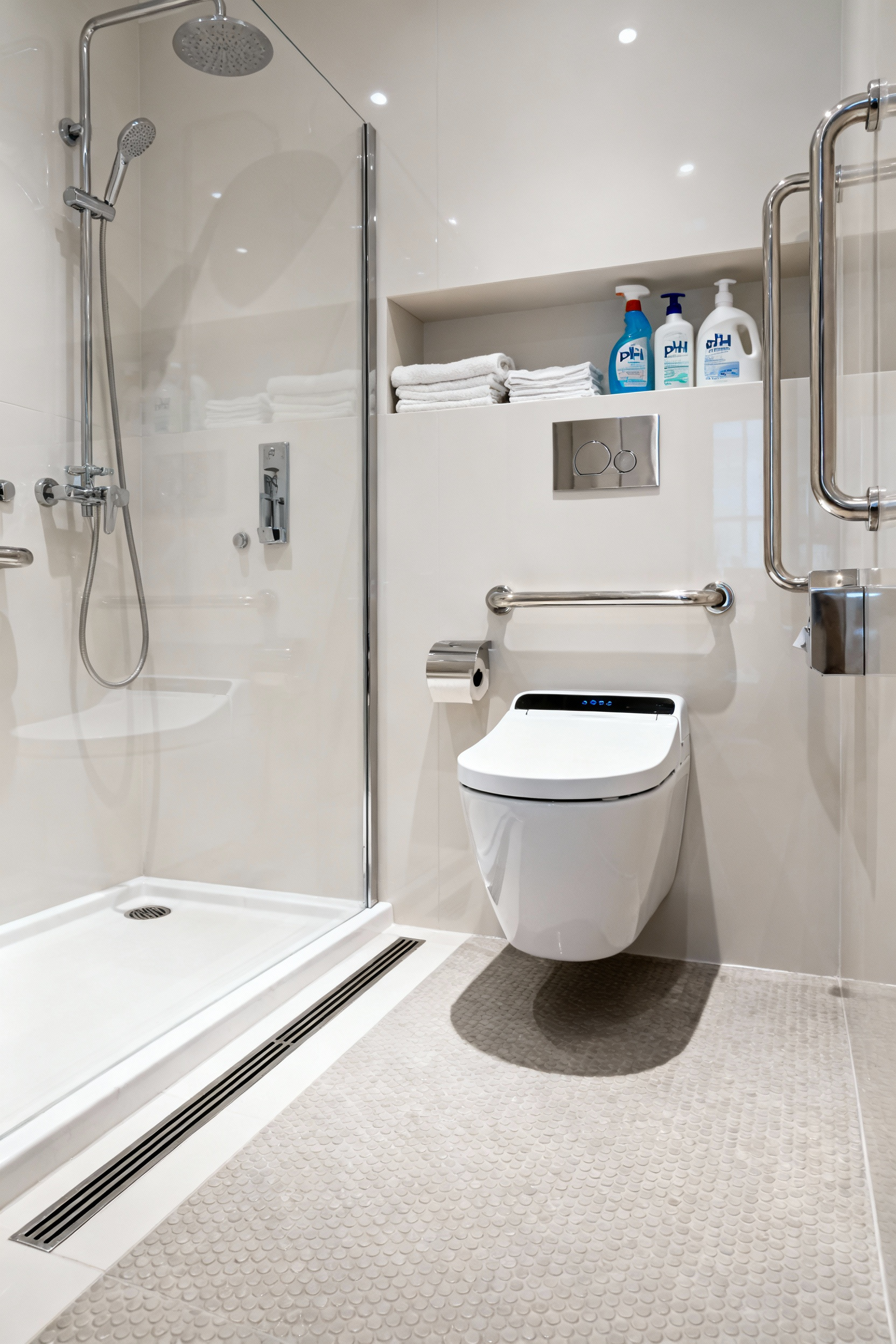 Pristine universally designed bathroom with accessible fixtures, including a curbless shower, smart commode, and grab bars, representing proactive maintenance and sustained hygienic performance.