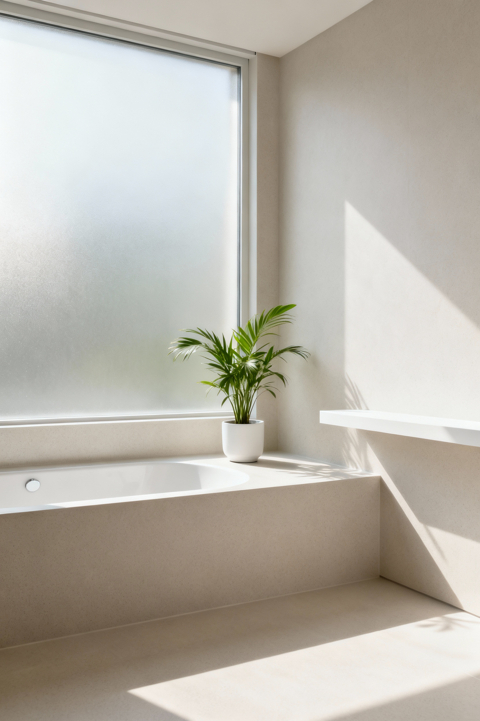 Modern bathroom with a seamless, light-toned low-VOC composite resin bathtub surround, emphasizing enhanced air quality and durability in a clean, healthy environment.