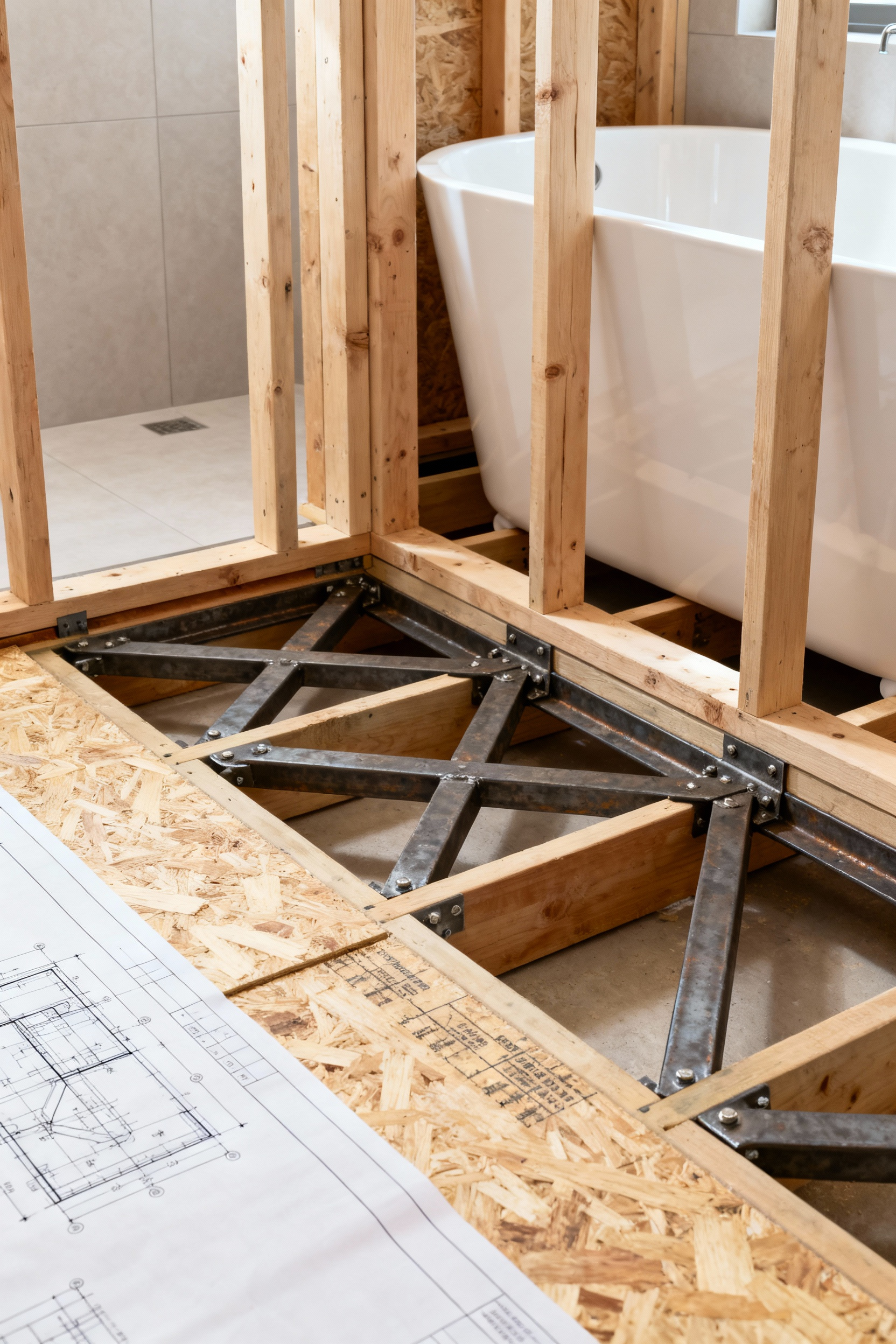 Exposed reinforced floor joists and steel cross-bracing underneath where a freestanding bathtub will be installed, demonstrating robust load-bearing substructure.