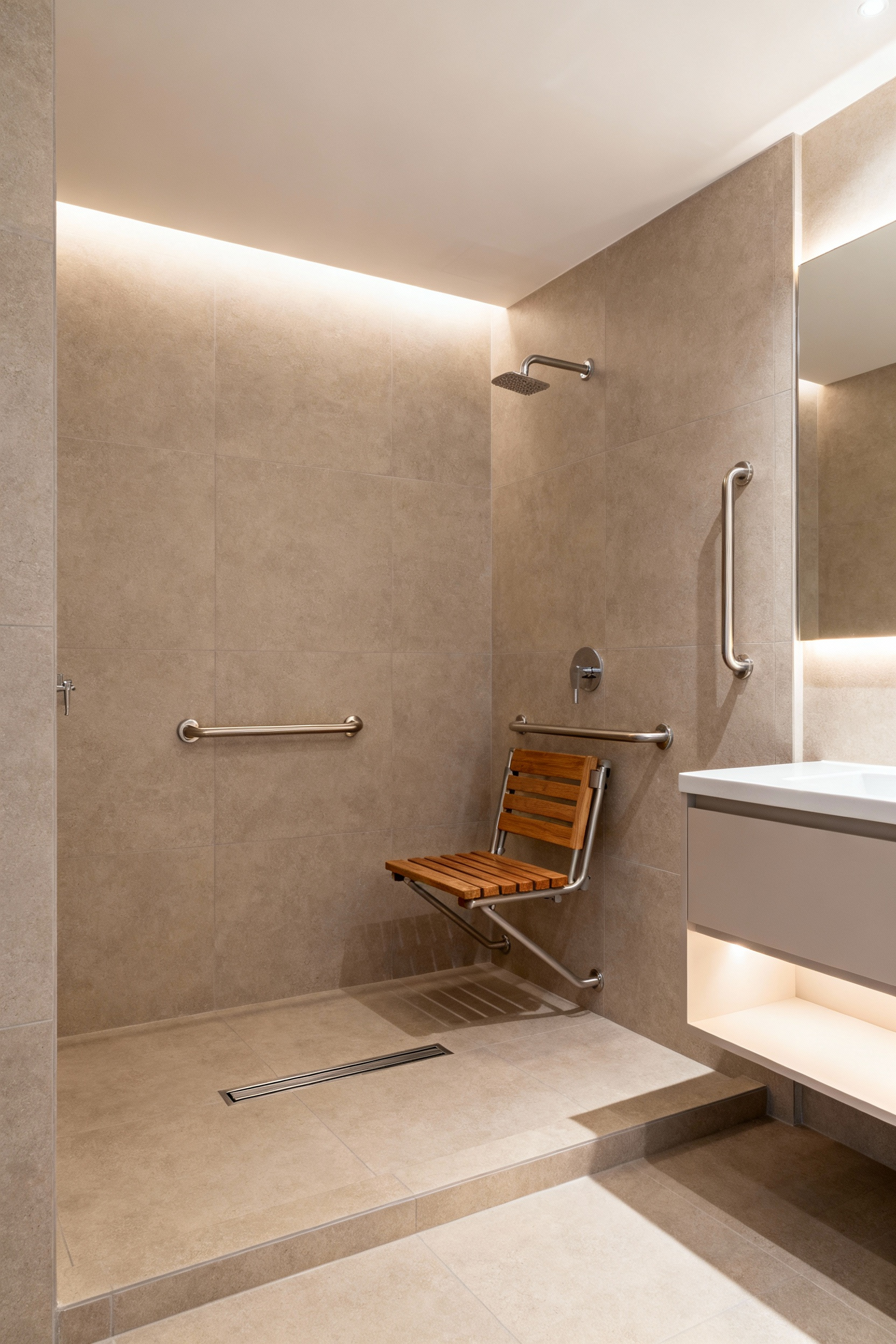 Modern age-in-place bathroom with curbless shower, integrated bench, sleek grab bars, and non-slip floor for an accessible bathtub remodel.