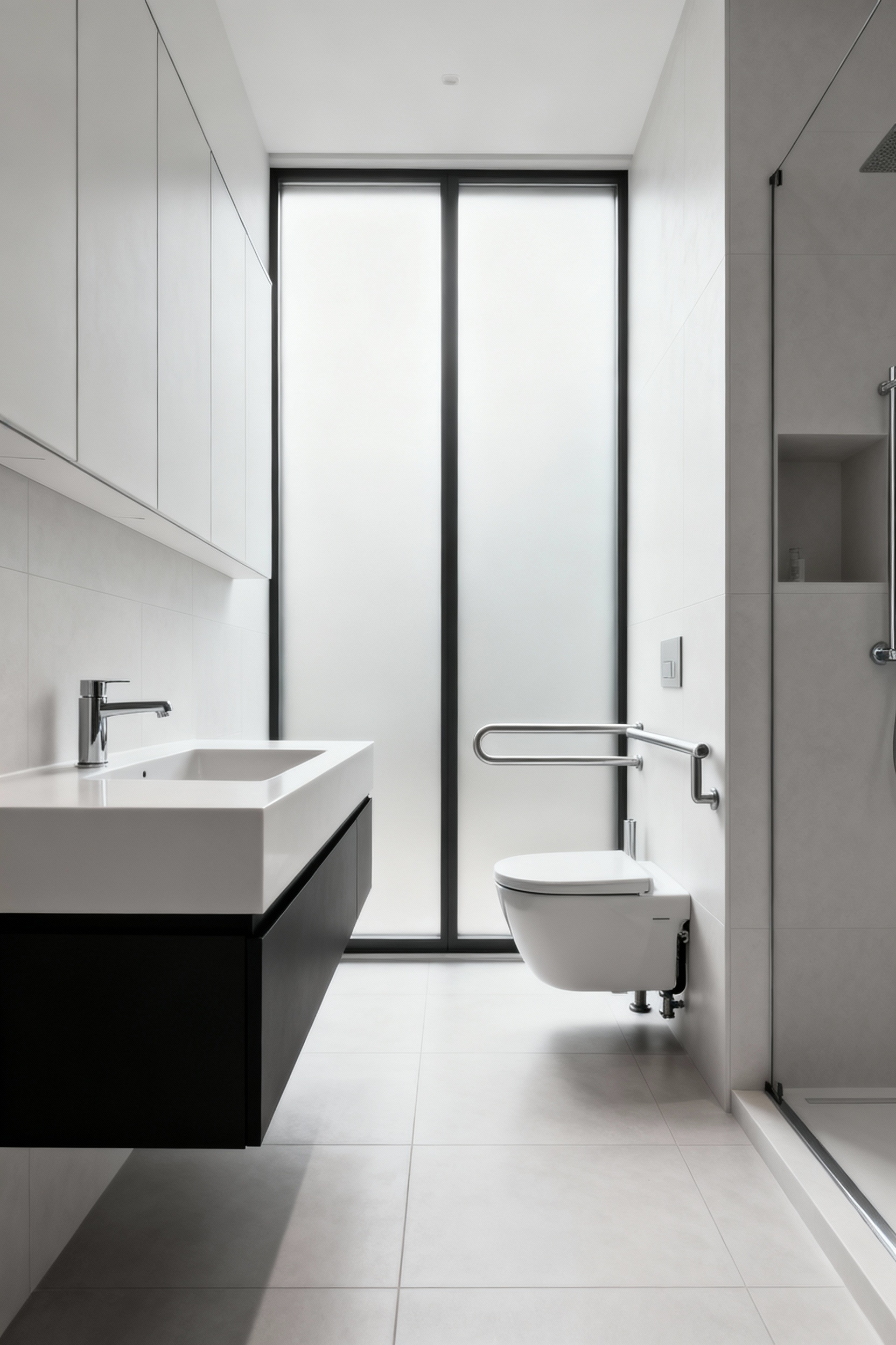 A universally designed bathroom showcasing optimally positioned fixtures like an adjustable vanity, sink, toilet, and integrated grab bars, informed by anthropometric data for maximum accessibility and comfort.
