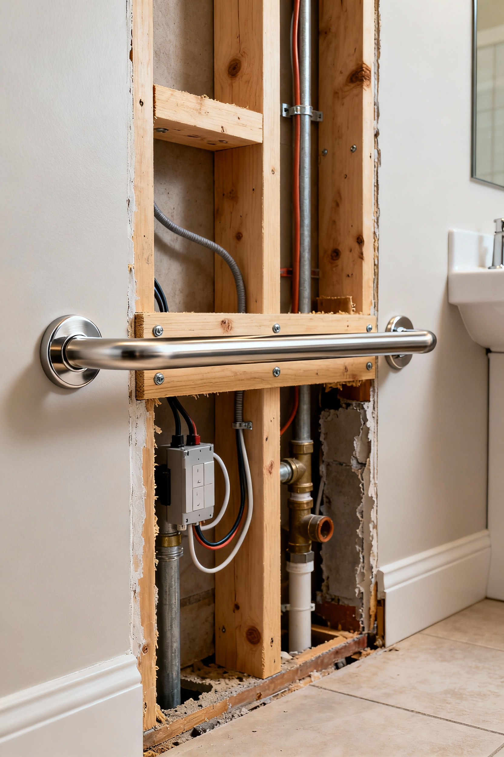 Cutaway view of a bathroom wall showing a grab bar securely anchored to reinforced wooden blocking within the stud frame, illustrating shear strength and ADA standards.