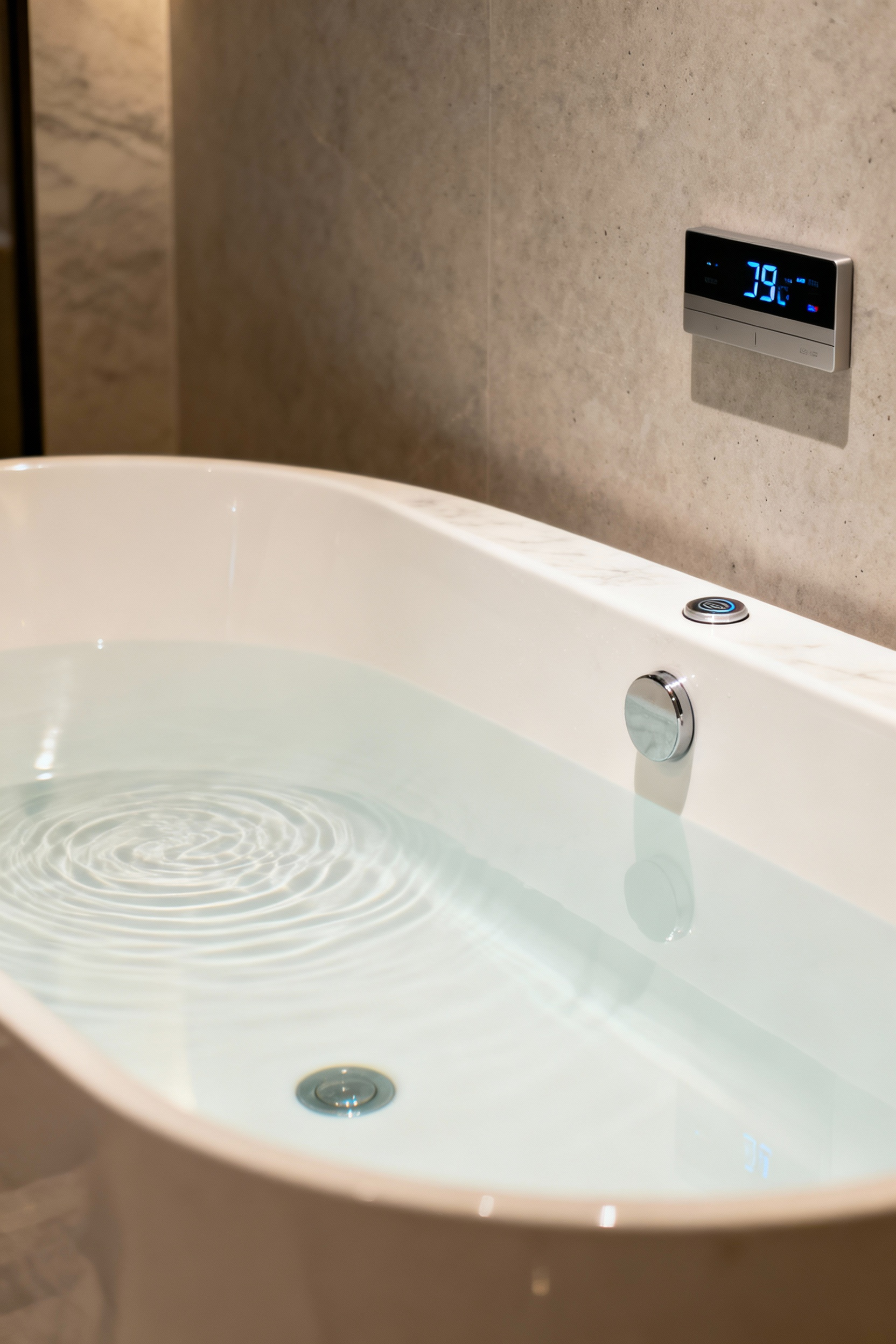 Modern bathroom with a sleek, freestanding bathtub featuring integrated automated water temperature regulation and overflow prevention sensors, highlighting smart home safety.