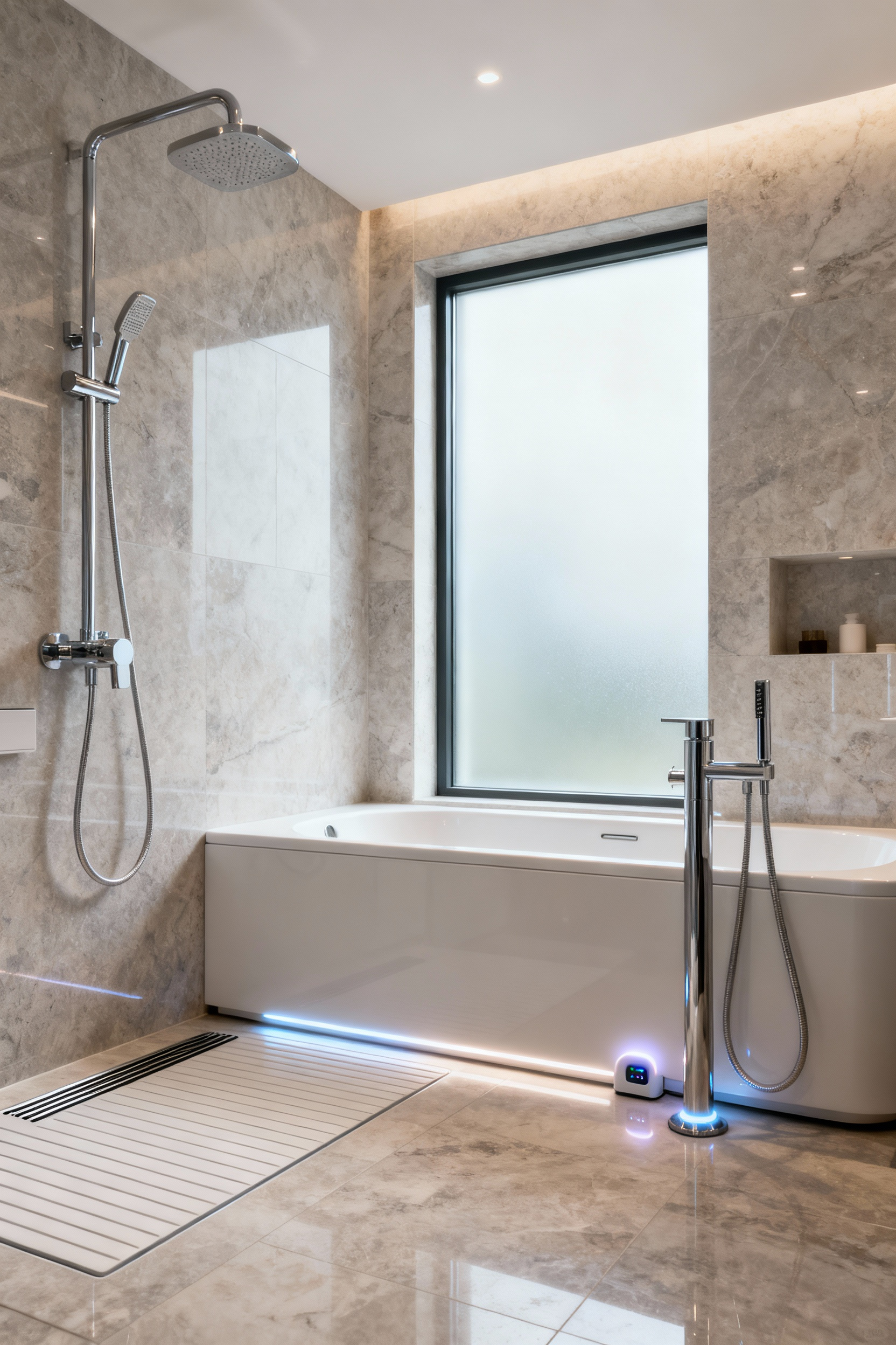 A modern, accessible bathroom featuring a curbless shower and a freestanding tub, with discreetly integrated smart leak detection sensors, symbolizing proactive water damage prevention.