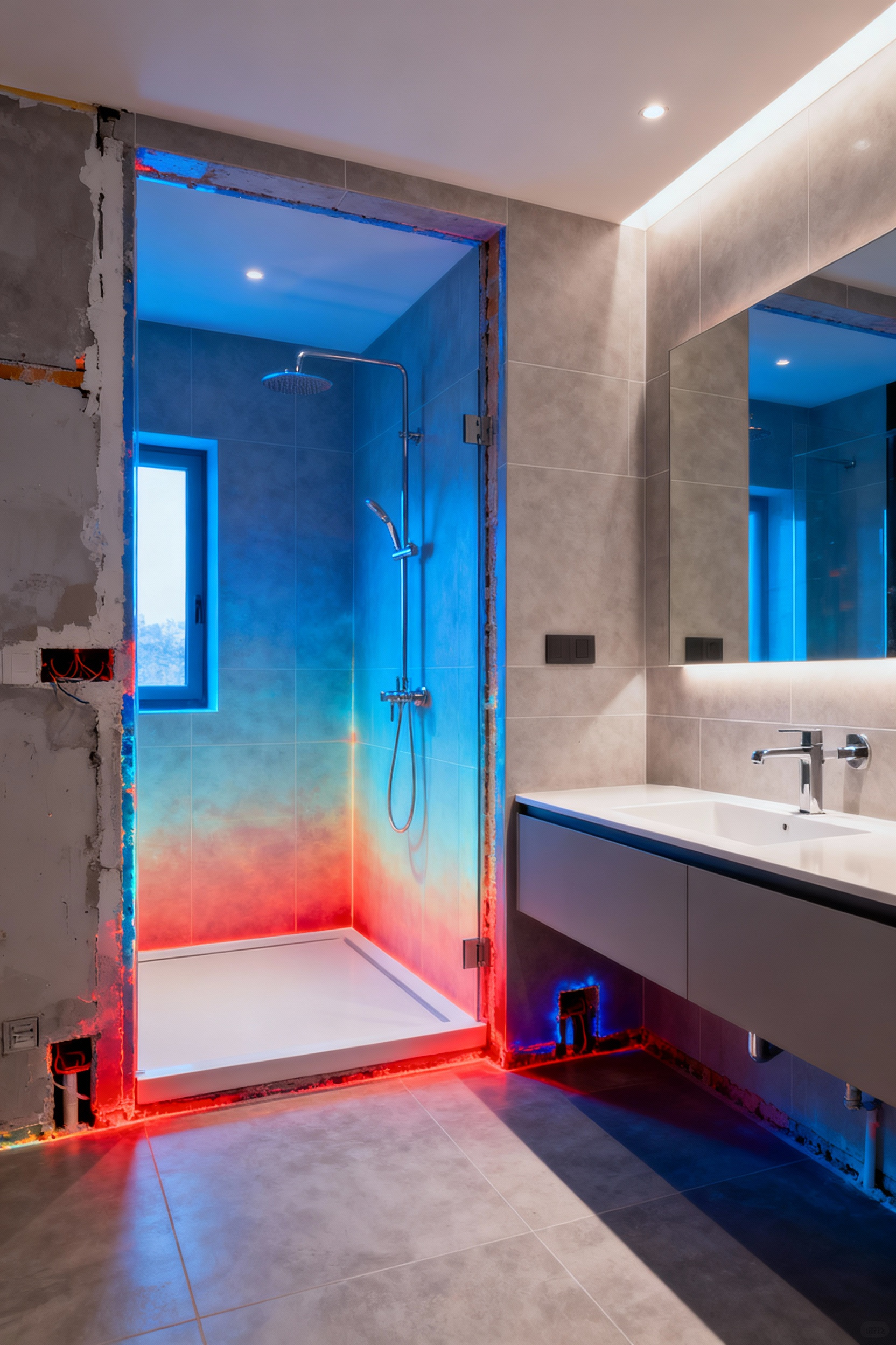 Infrared thermal image concept showing heat patterns on walls and floor in a newly renovated accessible bathroom, indicating areas for thermal bridging assessment.