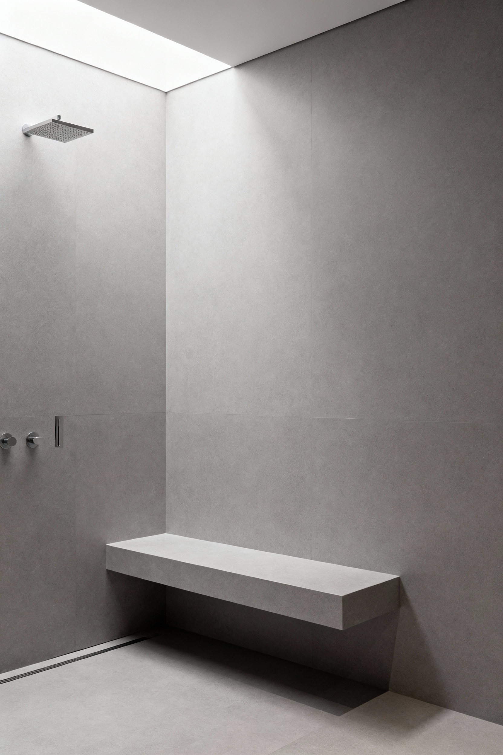 Modern bathroom with curbless shower and integrated solid surface bench, showcasing advanced solid surface technologies and structural integrity for a durable bathtub remodel.