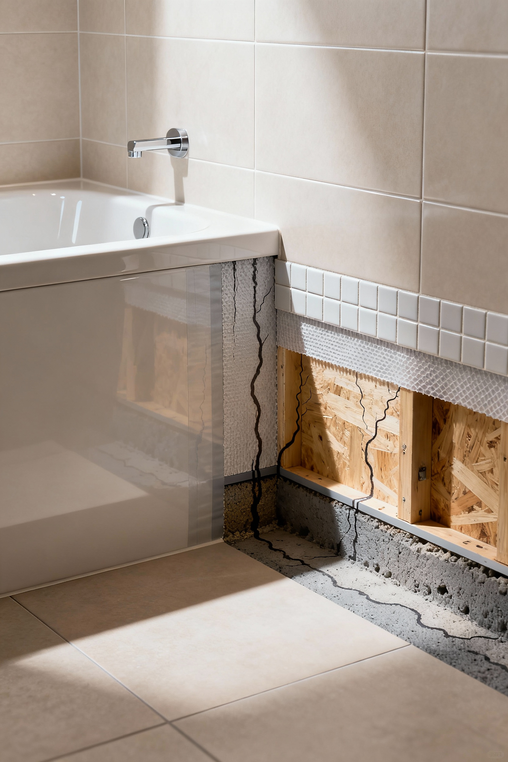 A detailed cross-section graphic of a bathroom wall and floor next to a bathtub, revealing concealed waterproofing layers and potential water intrusion points, emphasizing strategic assessment for preventing moisture damage.