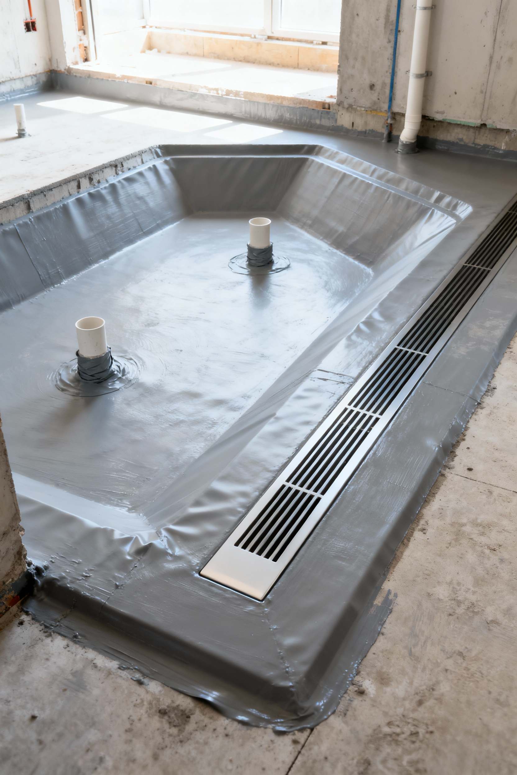 A detailed professional photo of a partially built wet room floor, highlighting a sloped sub-floor with a continuous elastomeric waterproofing membrane, sealed pipe penetrations, and a modern linear drain system for water management.