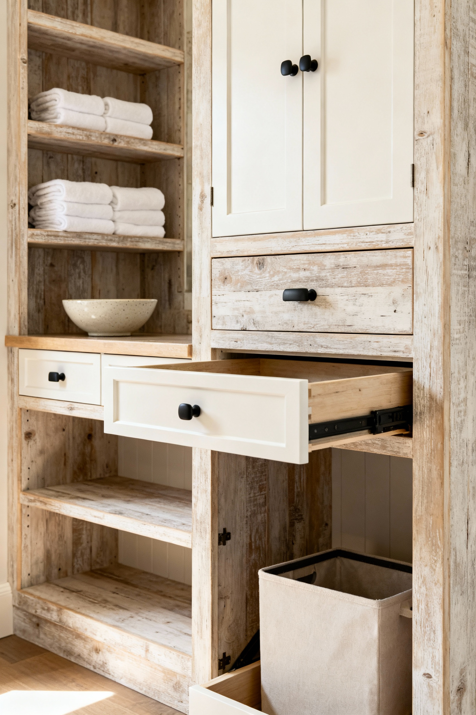 Farmhouse bathroom with custom built-in cabinetry showcasing accessible multifunctional storage solutions. Features include easy-to-grasp drawer pulls, adjustable shelving, pull-out drawers, and open nooks, all in a warm, natural wood and painted shaker style with soft, natural lighting.