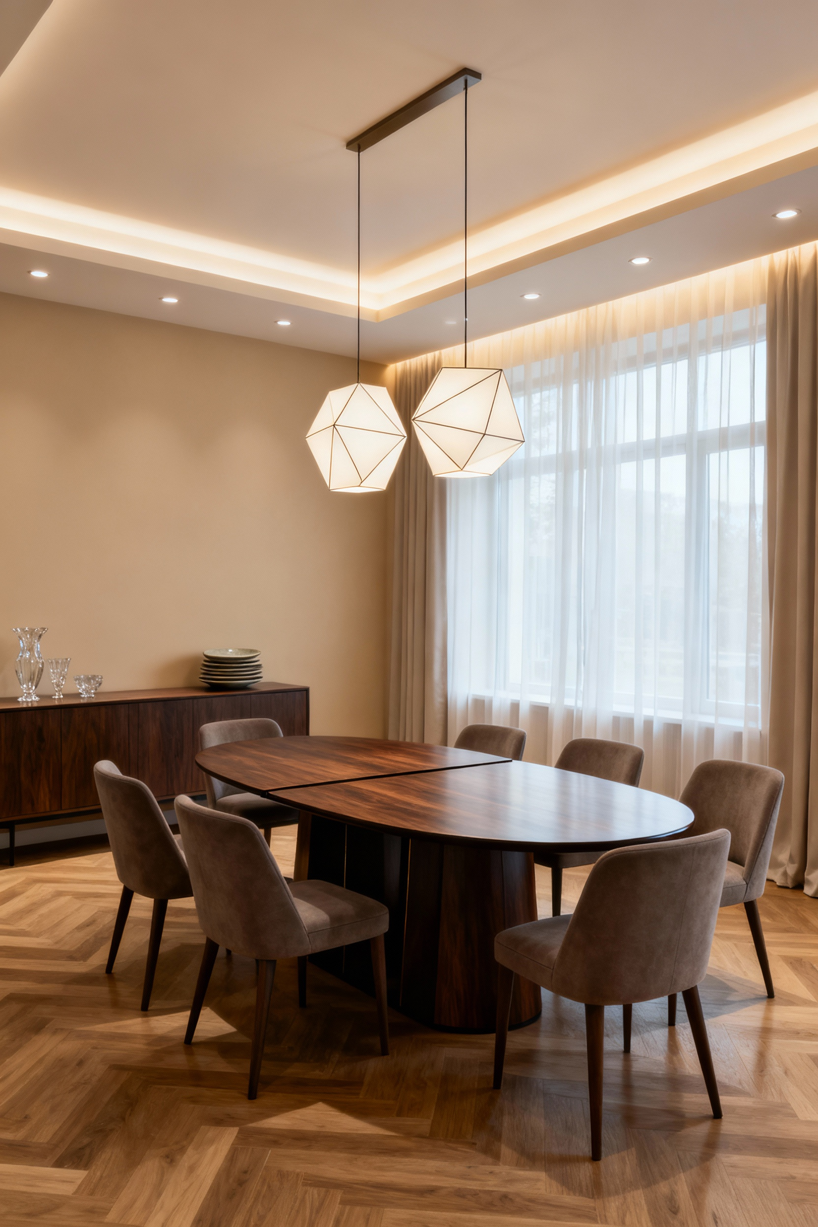 Luxurious adaptable dining room setup ready for various gatherings, showcasing versatile design and sophisticated aesthetic for different occasions.