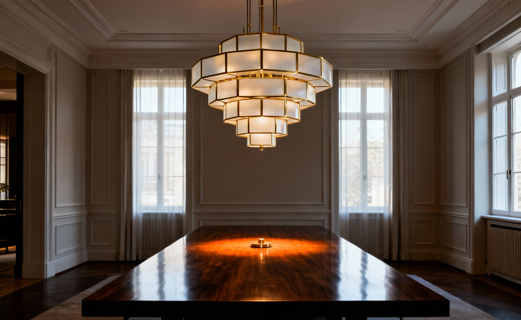 A dramatic geometric brass chandelier centered above a long walnut dining table, acting as the visual anchor of the room and defining the gathering space.