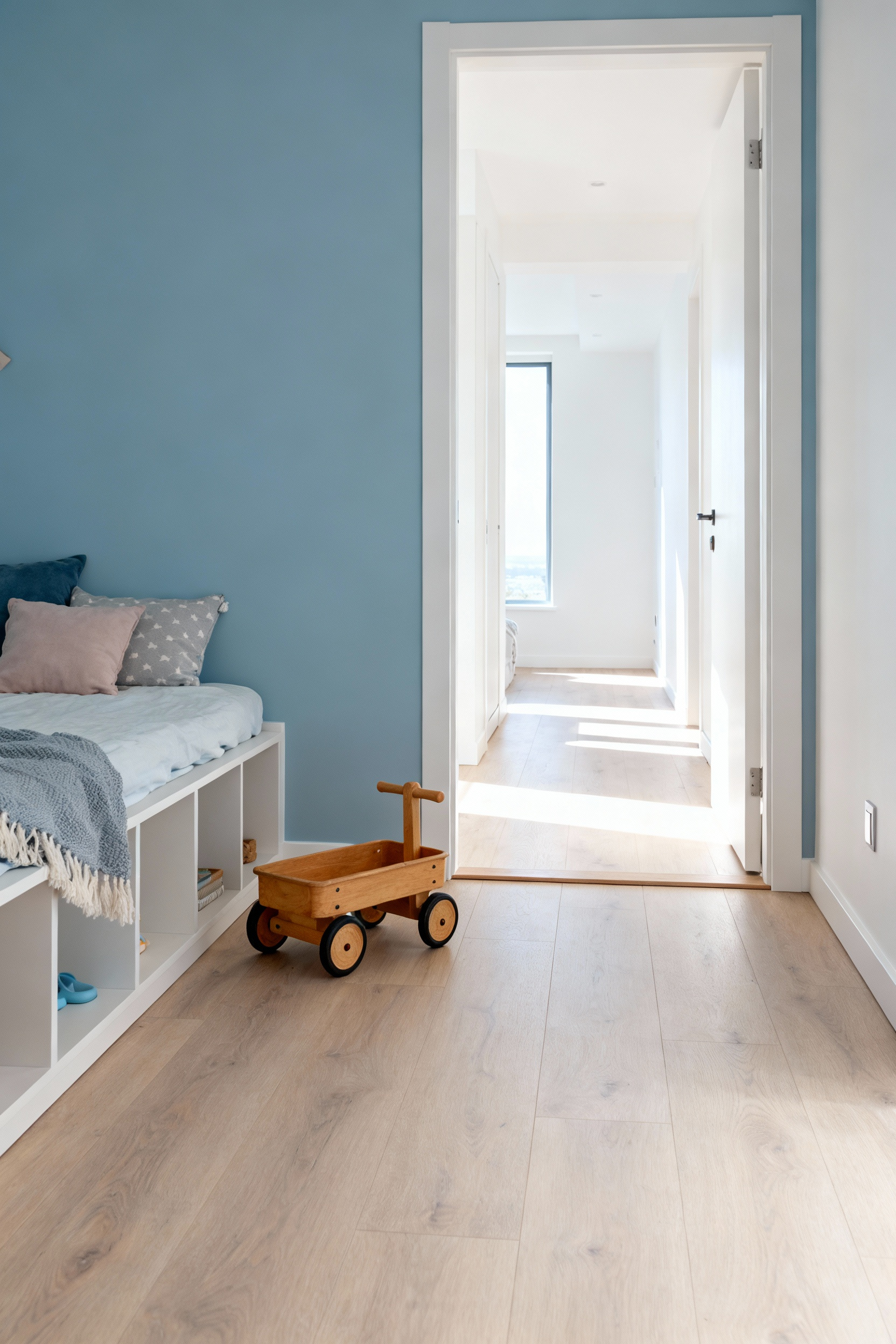 Seamless light wood LVP flooring in a safe, barrier-free child's bedroom, showing a perfectly flush transition at the doorway, ideal for smooth movement of toys or mobility aids.
