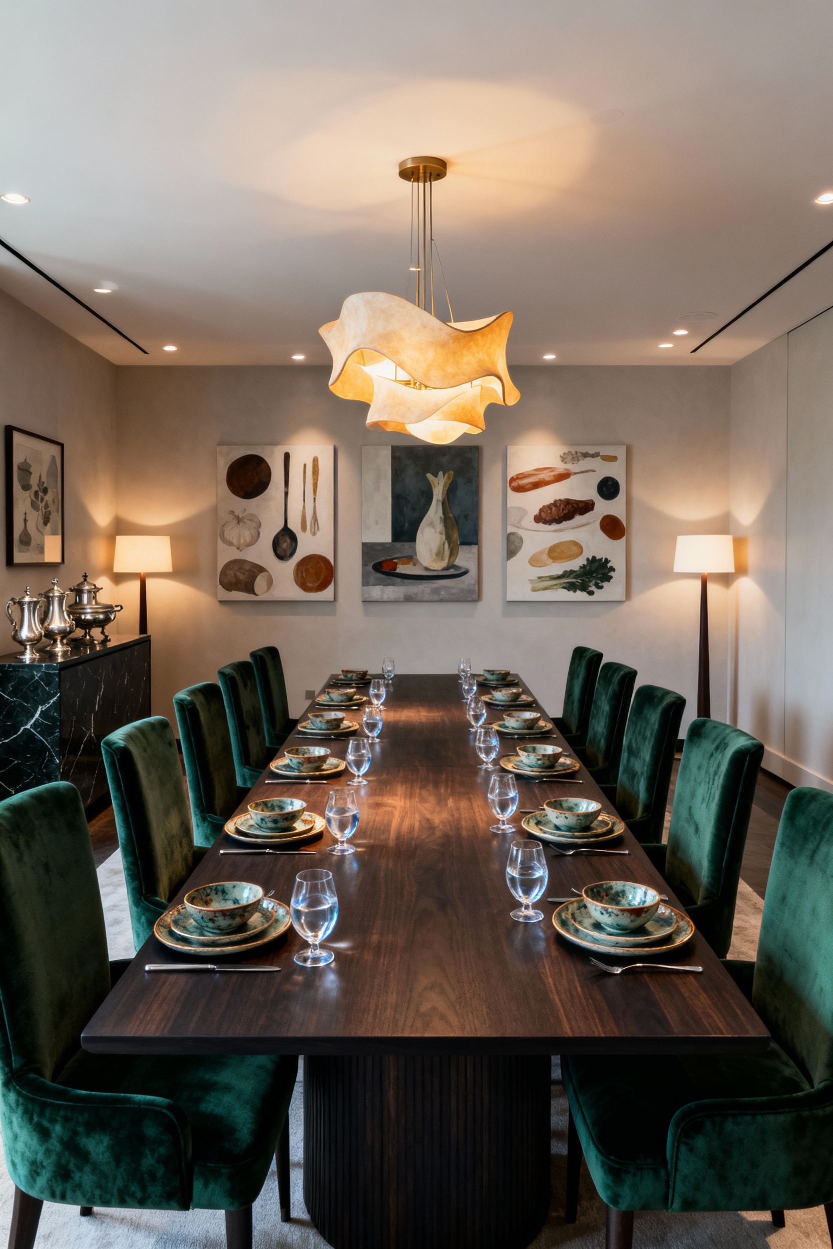 Professional photo of a bespoke banqueting dining room, featuring a long custom-crafted dark wood table, artisanal ceramic dinnerware, high-back velvet chairs, layered lighting, and abstract art, designed for unique culinary practices and sophisticated entertaining.