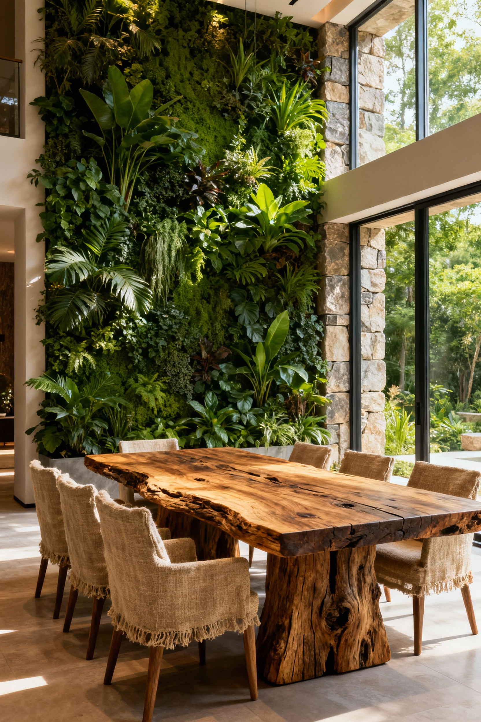 Luxury dining room showcasing biophilic design with a lush living wall, natural wood table, stone accents, and bright natural light.