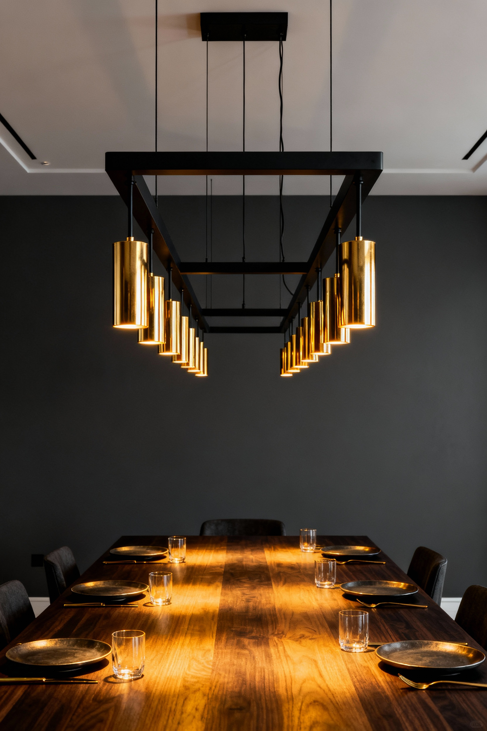 Large linear matte black and polished brass chandelier illuminating a sophisticated dining room with charcoal walls and a dark wood table.