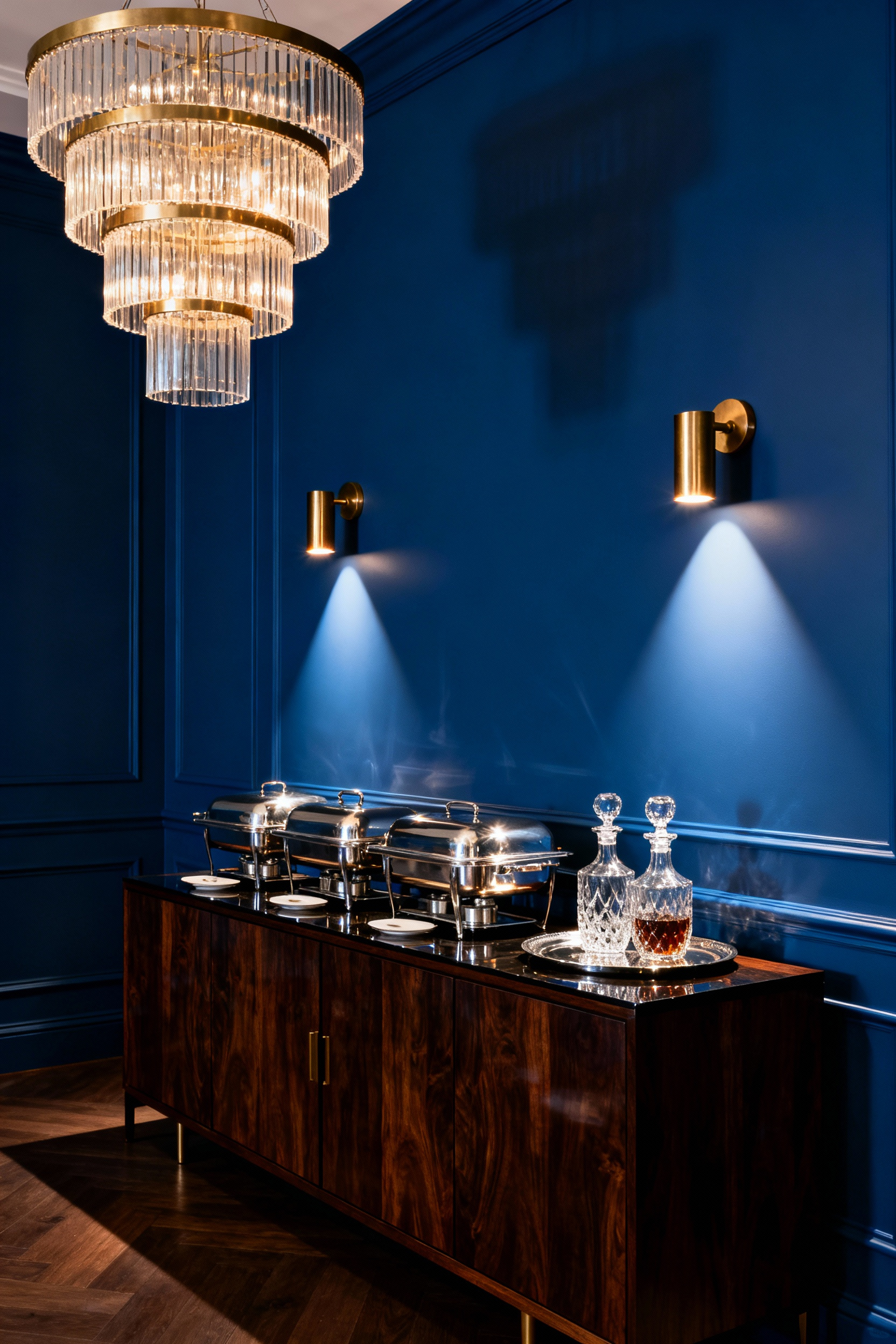 A luxurious dining room sideboard functioning as a buffet service station, brilliantly illuminated by focused brass task lights to highlight polished silver serving dishes and crystalware.