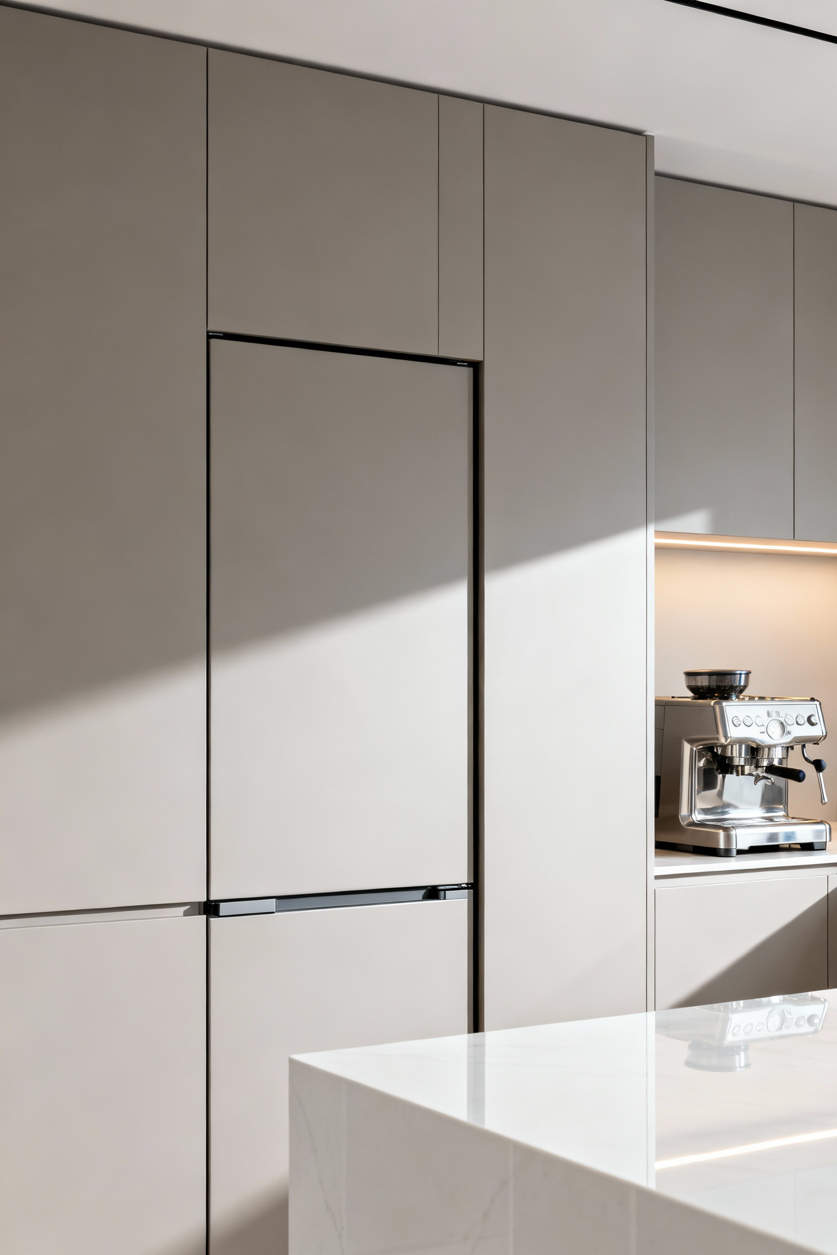 Minimalist contemporary kitchen featuring a flush, handle-less appliance garage built into the light gray cabinetry to maintain a clean visual aesthetic and hide small appliances.