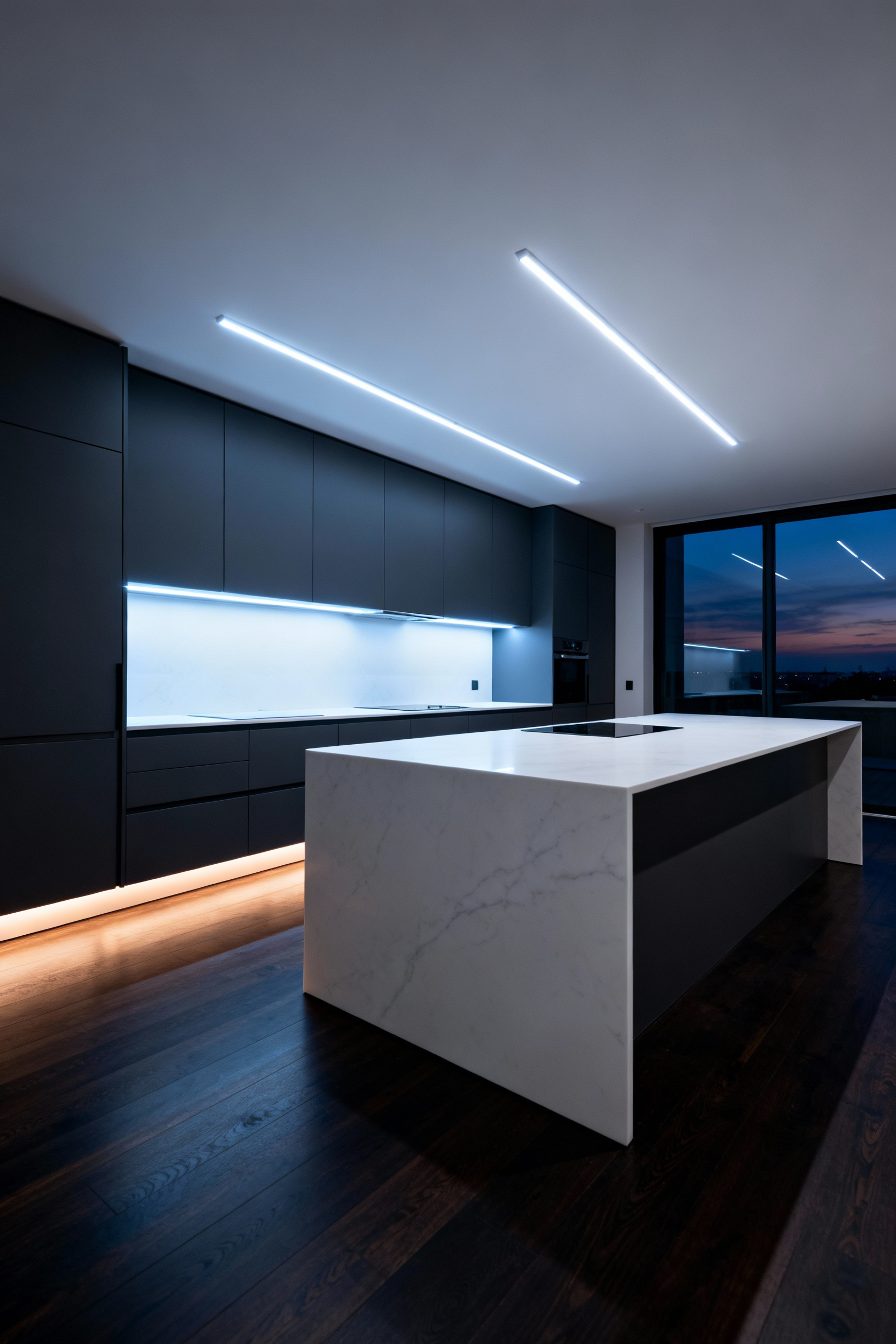 Contemporary kitchen showcasing layered architectural lighting, featuring bright under-cabinet task illumination and soft, warm toe-kick ambient lighting on dark matte cabinetry.