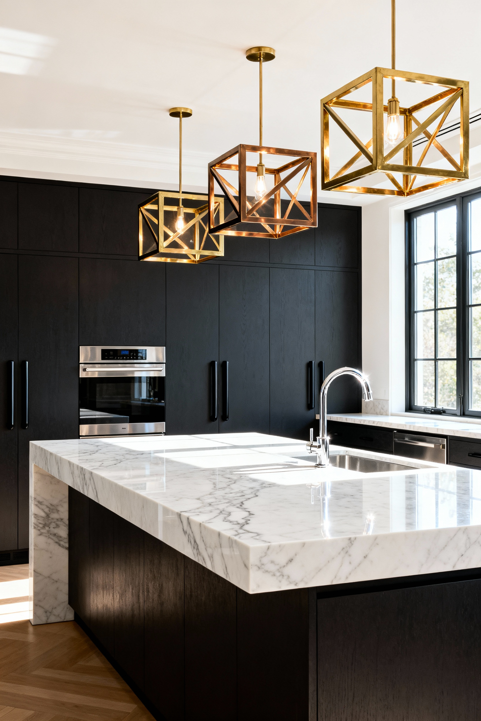 Contemporary kitchen blending warm brass pendant lighting, cool polished nickel faucets, and matte black cabinet hardware across sleek dark cabinetry and a white marble island.