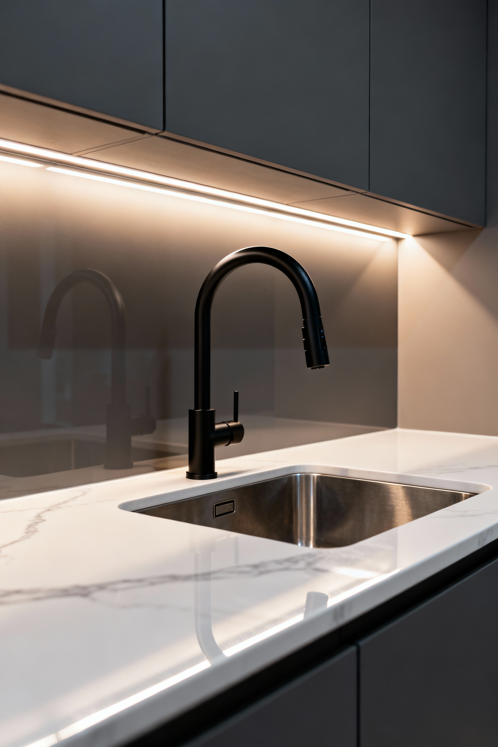 A dramatic Matte Black, high-arc touchless faucet centered over a stainless steel sink in a contemporary kitchen with white marble counters, emphasizing hygiene and sophisticated design.